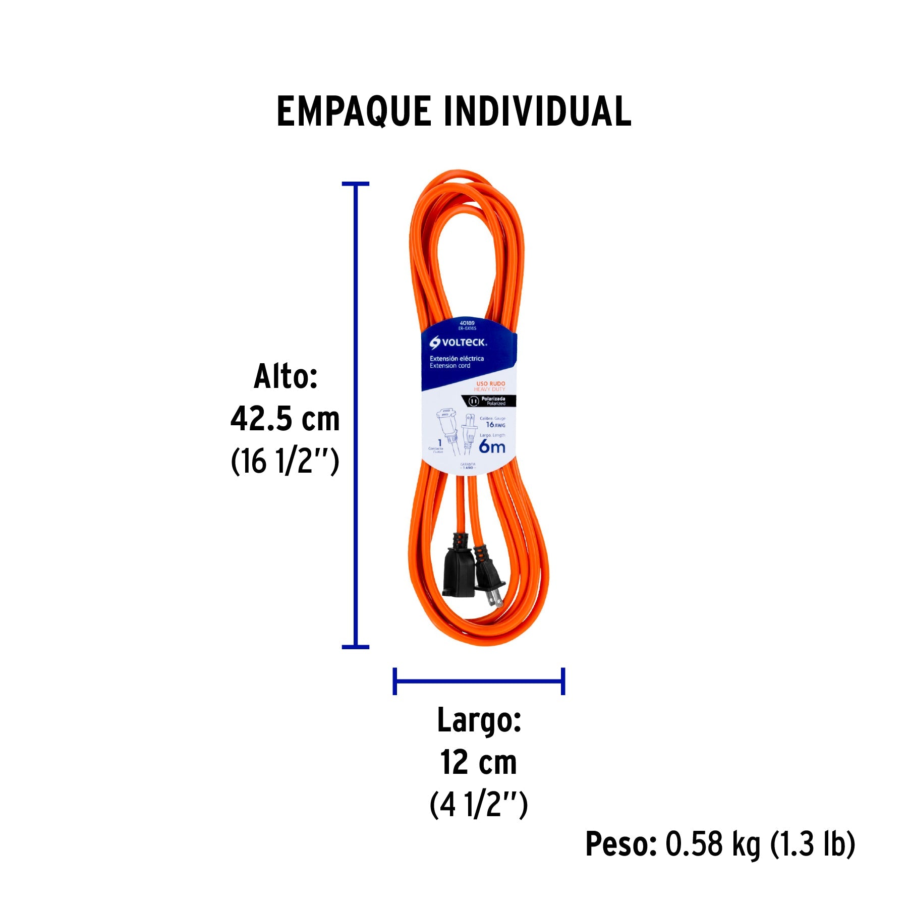 Extensión eléctrica uso rudo 6m 2x16 AWG para 1 clavija - Empaque