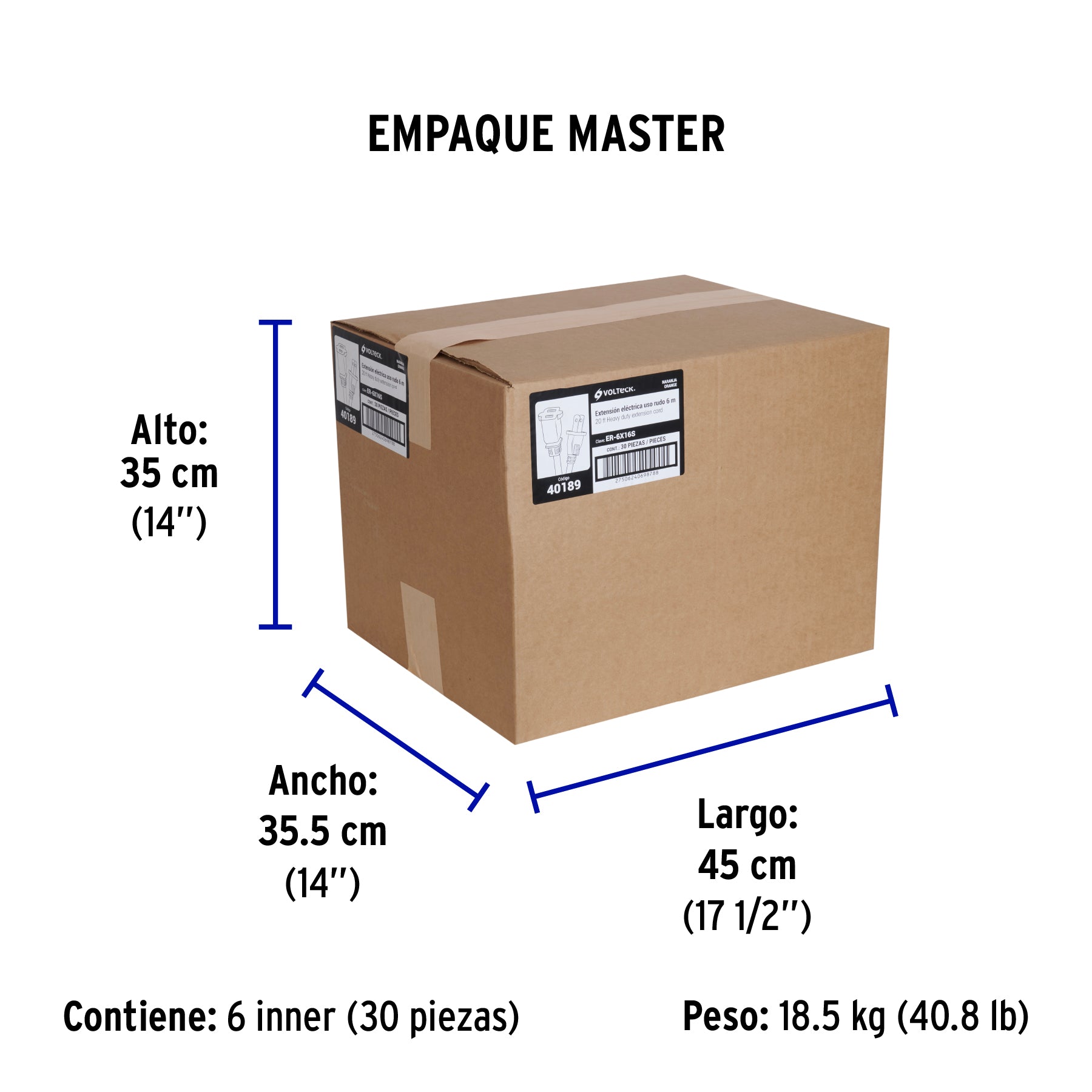 Extensión eléctrica uso rudo 6m 2x16 AWG para 1 clavija - Empaque