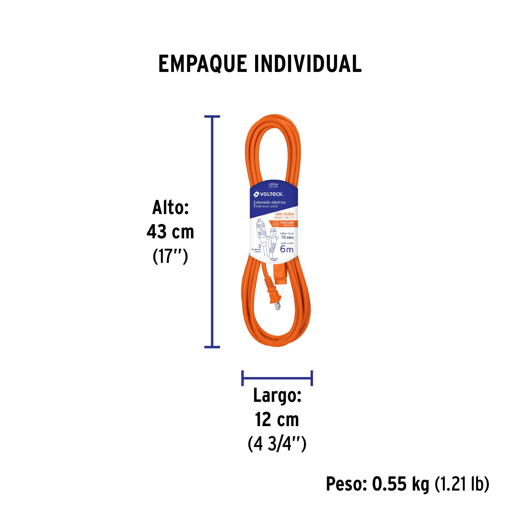 Extensión eléctrica de uso rudo 6 m 2x16 AWG, VOLTECK - Empaque