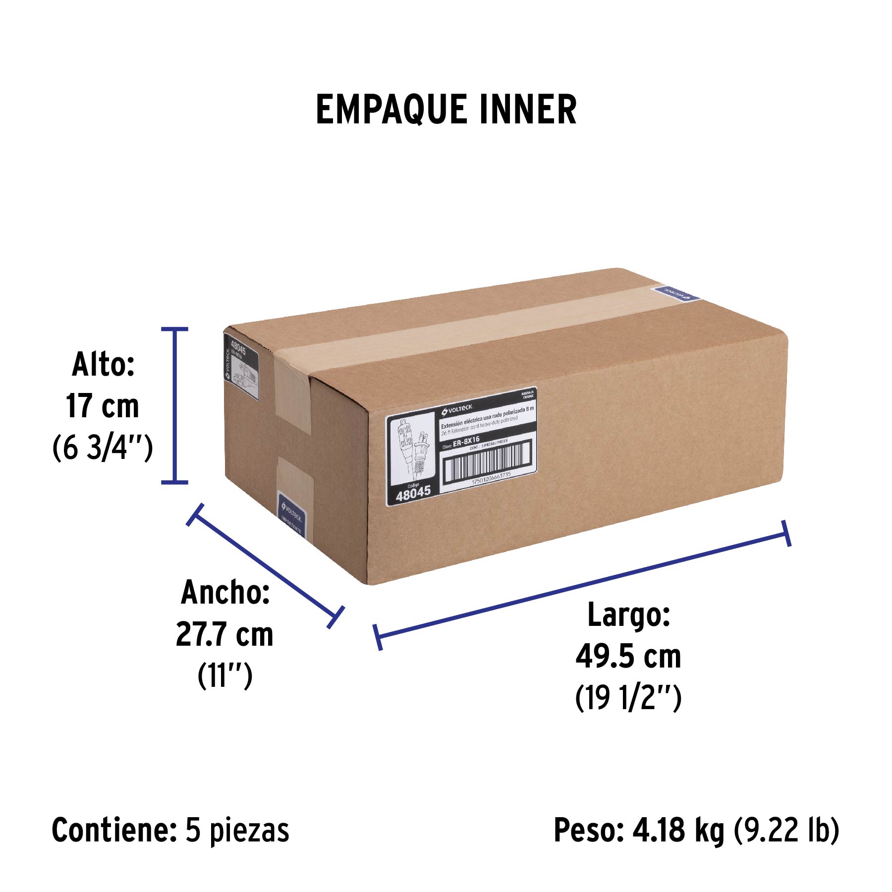 Extensión eléctrica de uso rudo 8 m 2x16 AWG, VOLTECK - Empaque