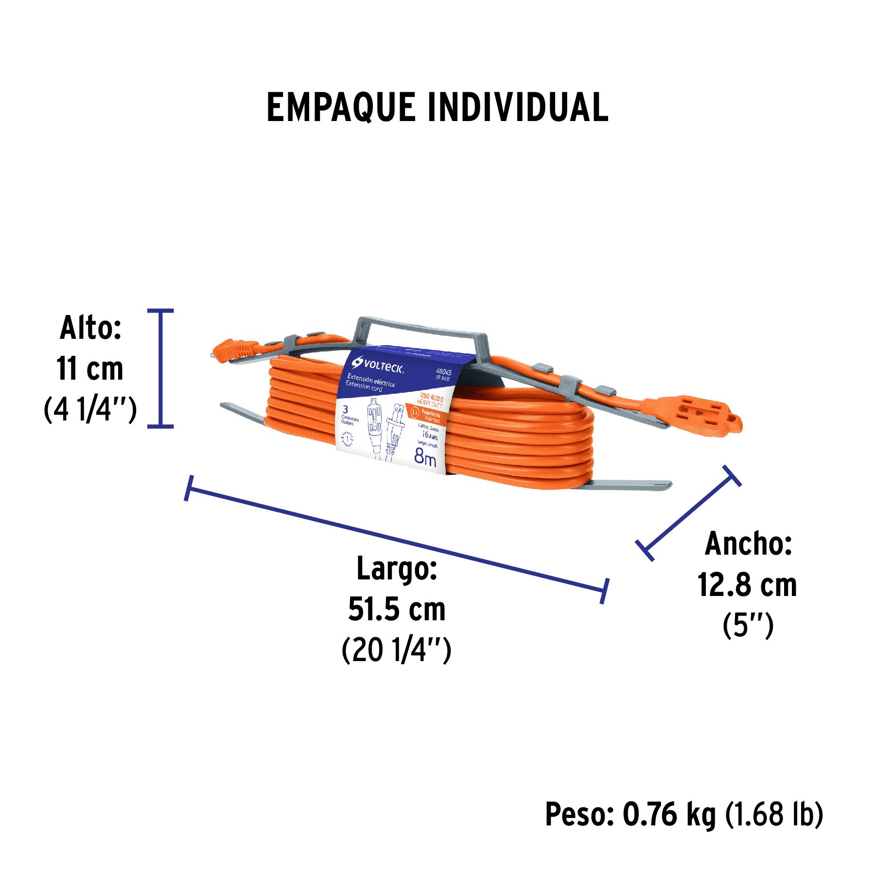 Extensión eléctrica de uso rudo 8 m 2x16 AWG, VOLTECK - Empaque
