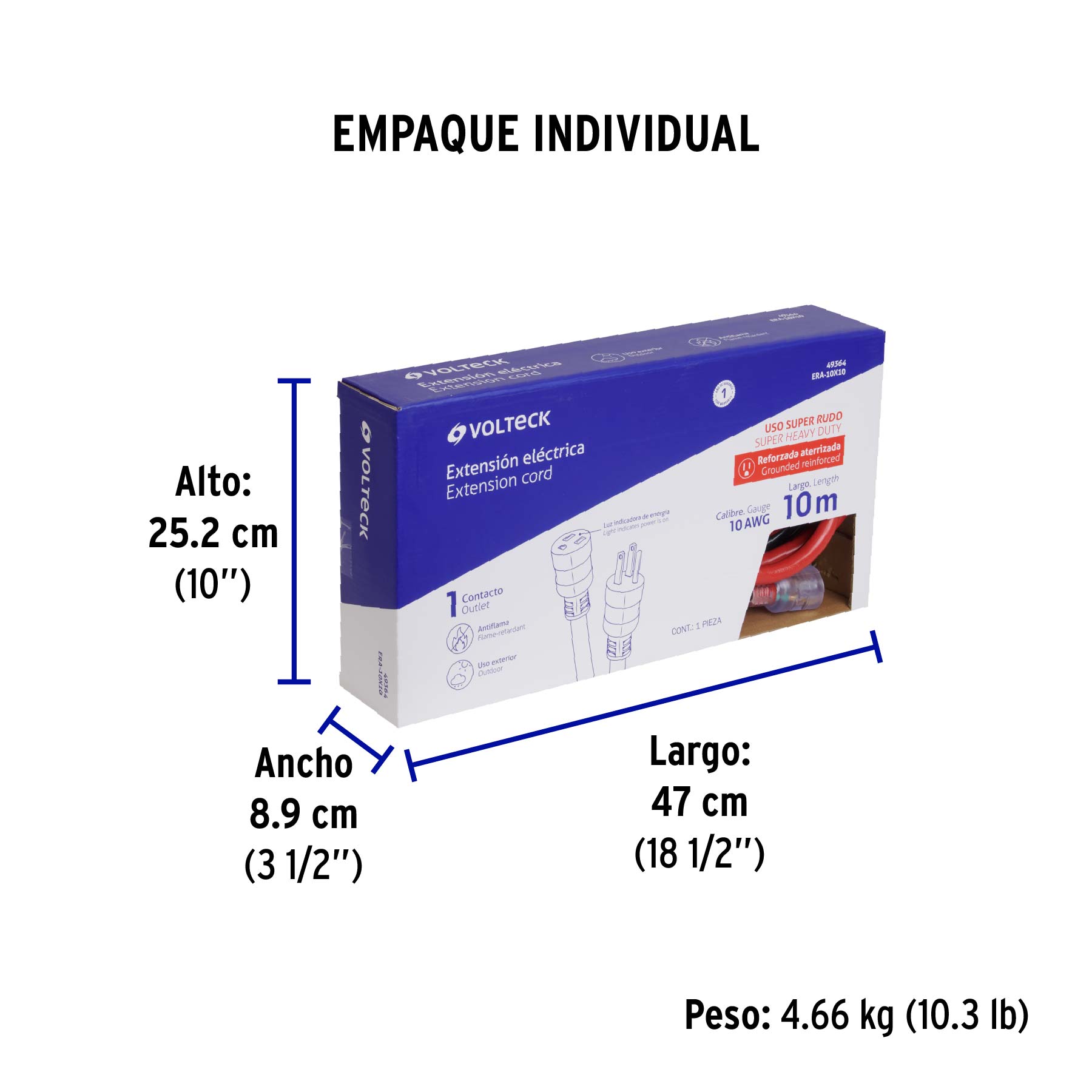 Extensión reforzada aterrizada 100% cobre, 10 m, calibre 10 - Empaque