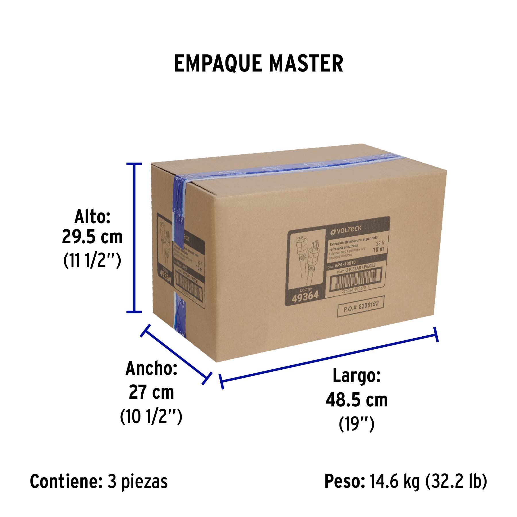 Extensión reforzada aterrizada 100% cobre, 10 m, calibre 10 - Empaque