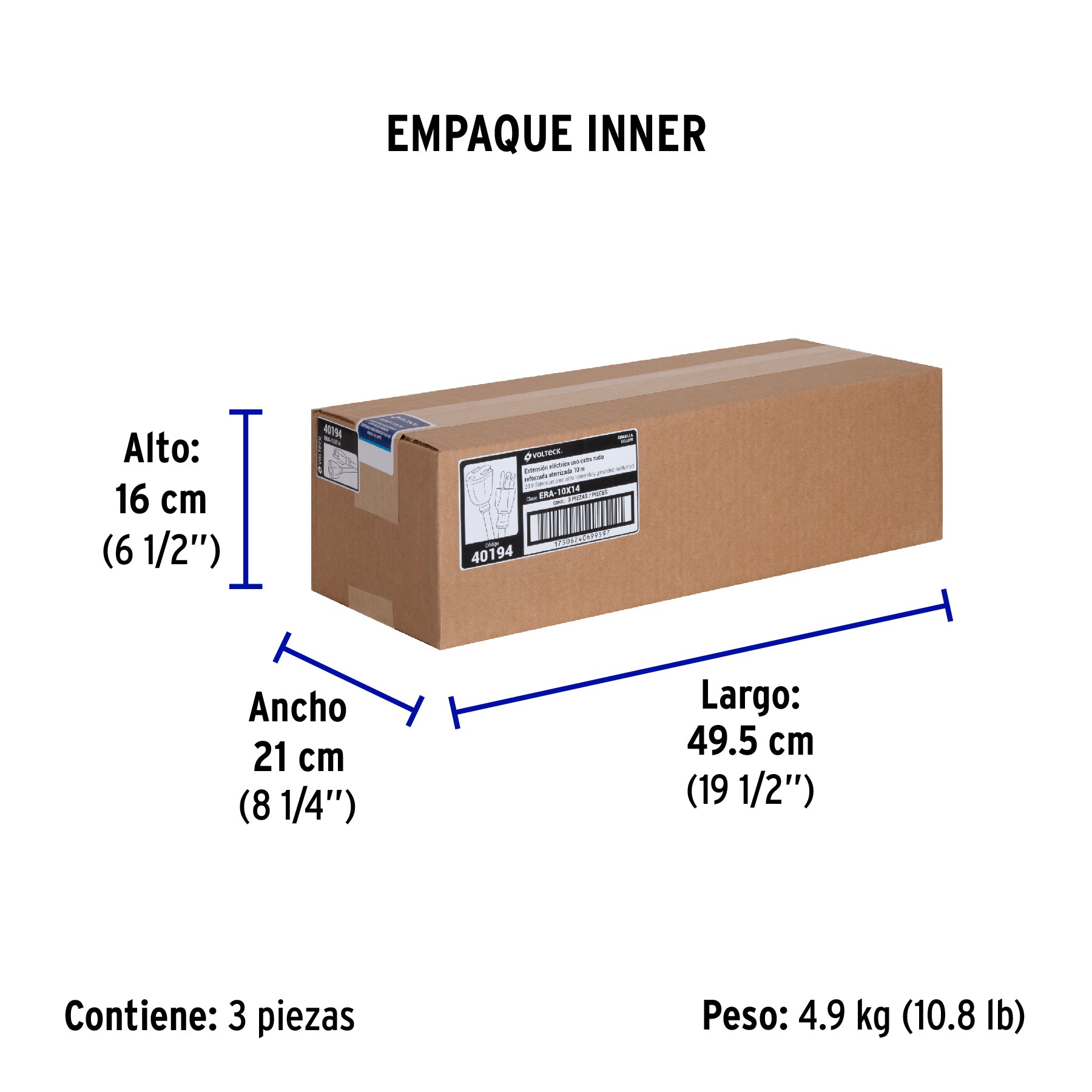 Extensión reforzada aterrizada 10 m calibre 14, VOLTECK - Empaque
