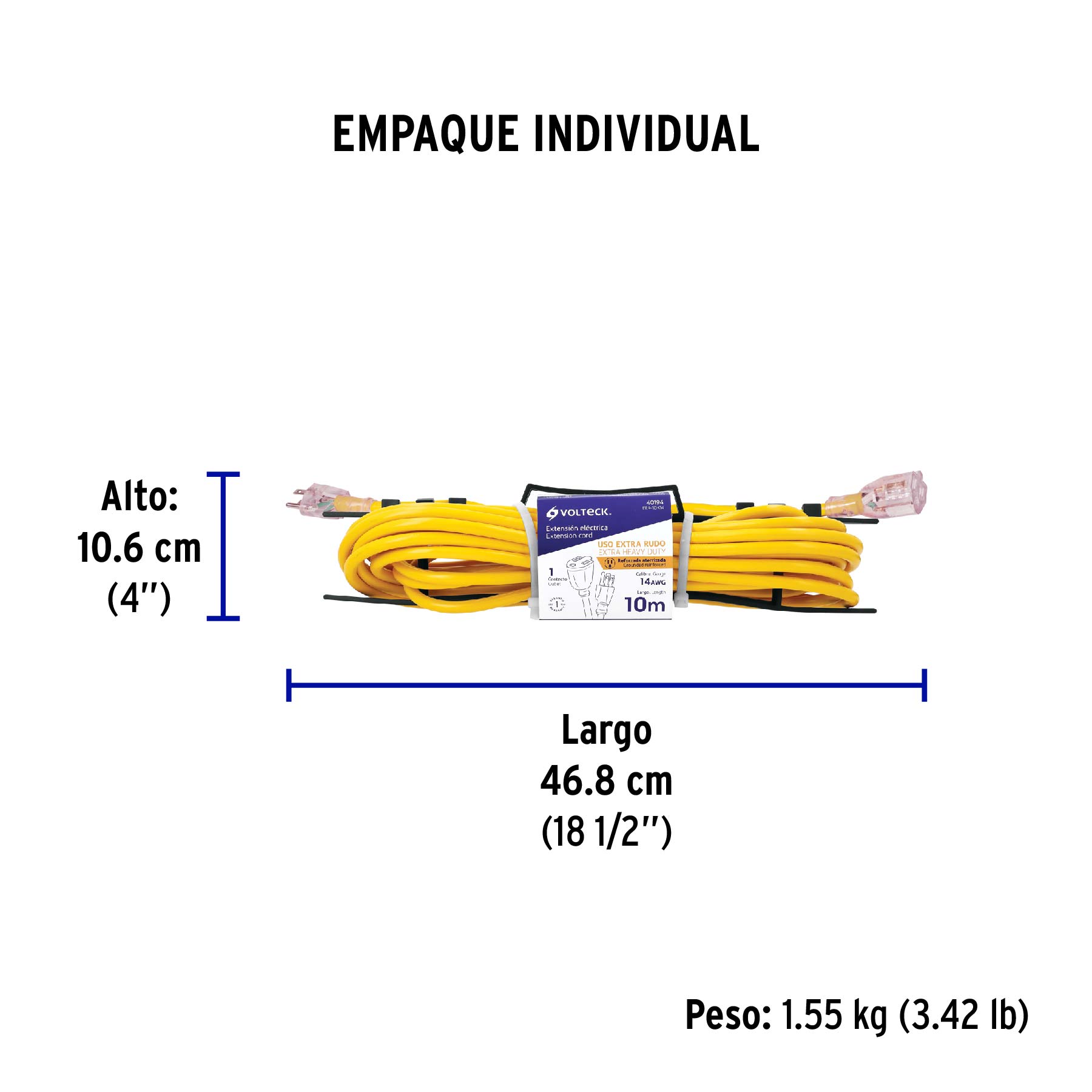 Extensión reforzada aterrizada 10 m calibre 14, VOLTECK - Empaque