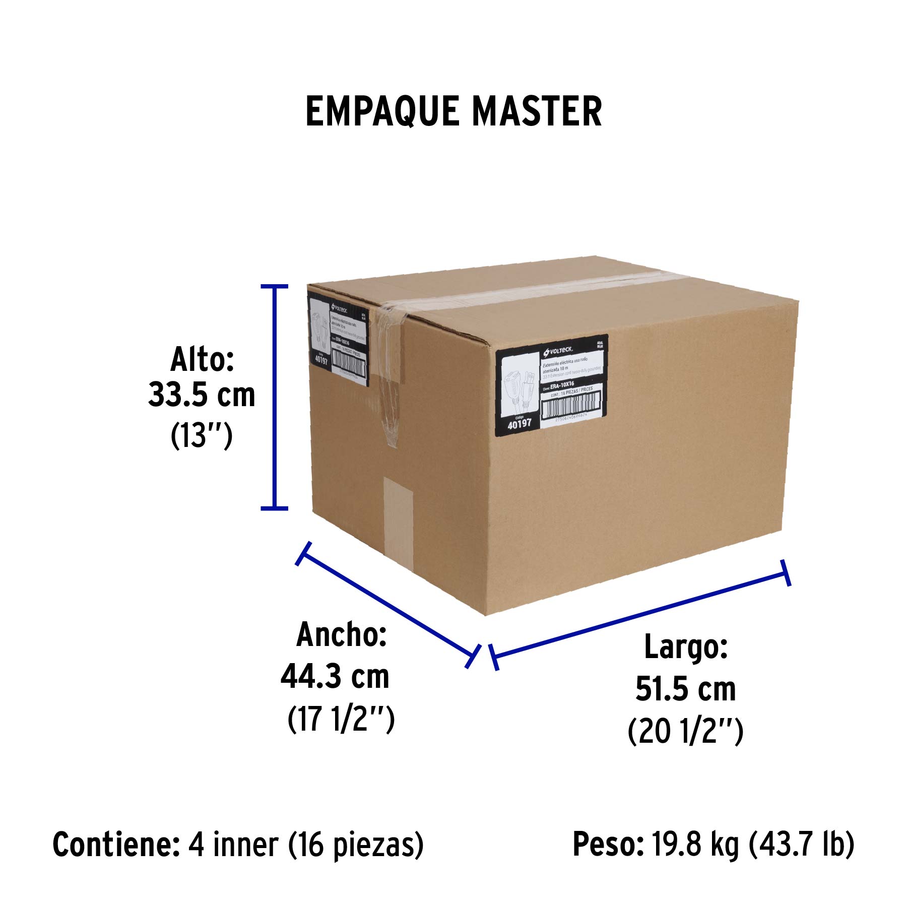 Extensión de uso rudo aterrizada 10 m calibre 16, VOLTECK - Empaque