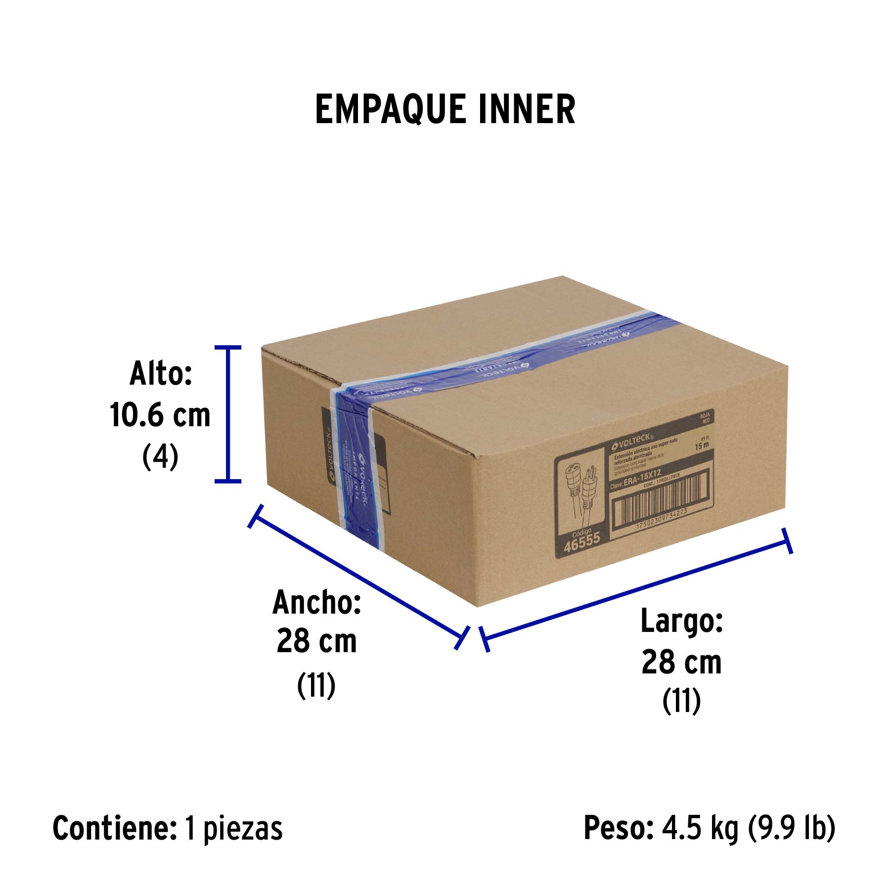 Extensión reforzada aterrizada 15 m 3x12 AWG, VOLTECK - Empaque