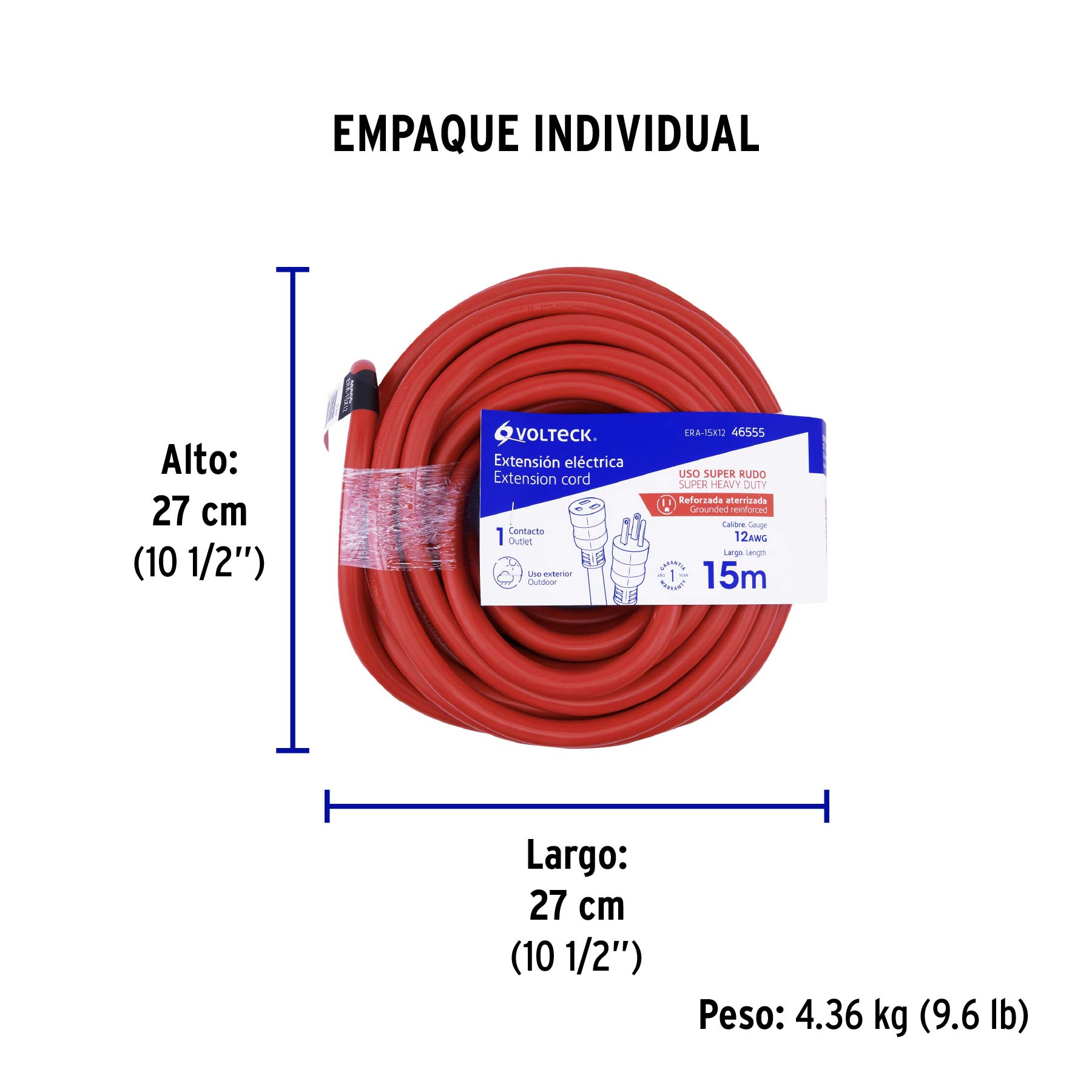 Extensión reforzada aterrizada 15 m 3x12 AWG, VOLTECK - Empaque