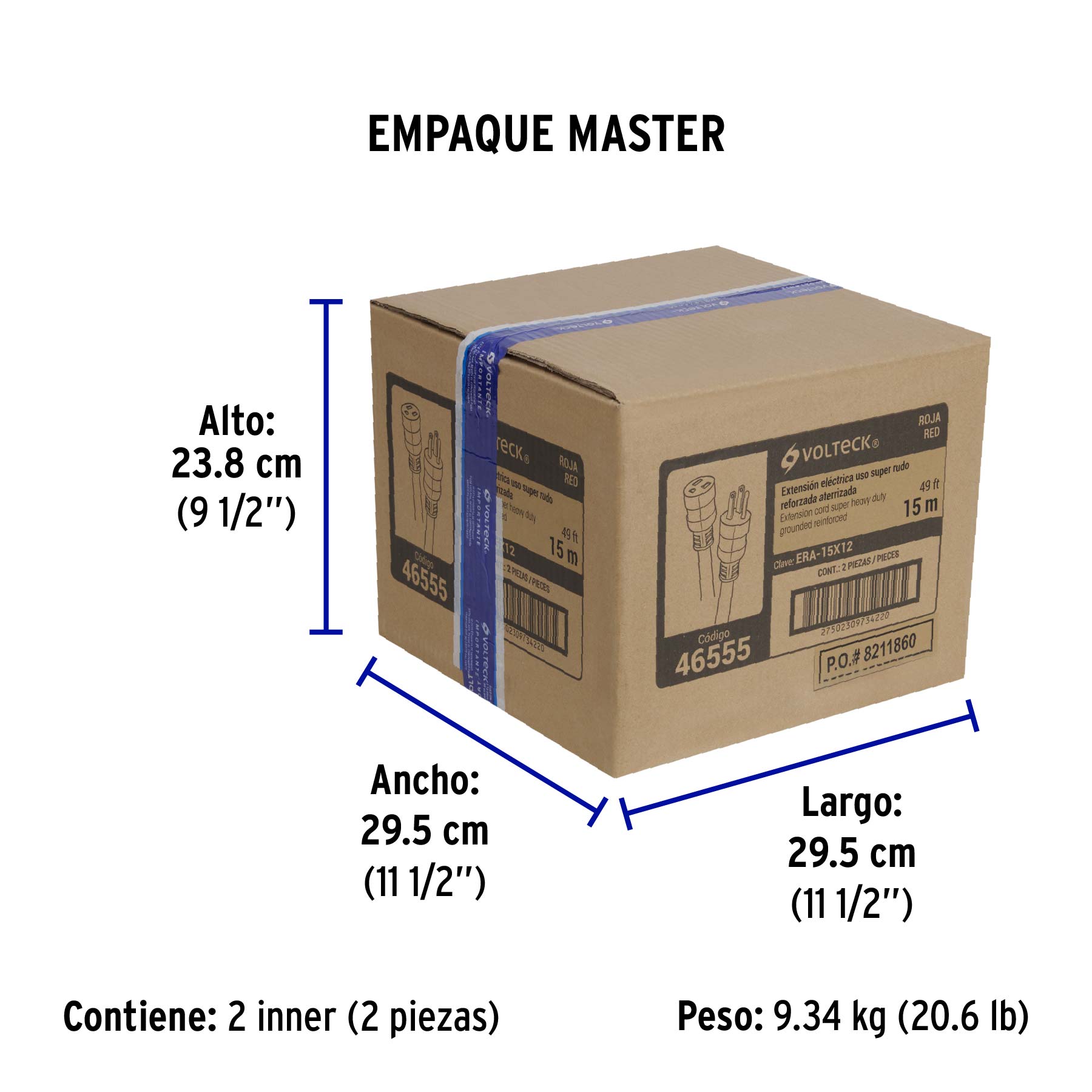 Extensión reforzada aterrizada 15 m 3x12 AWG, VOLTECK - Empaque