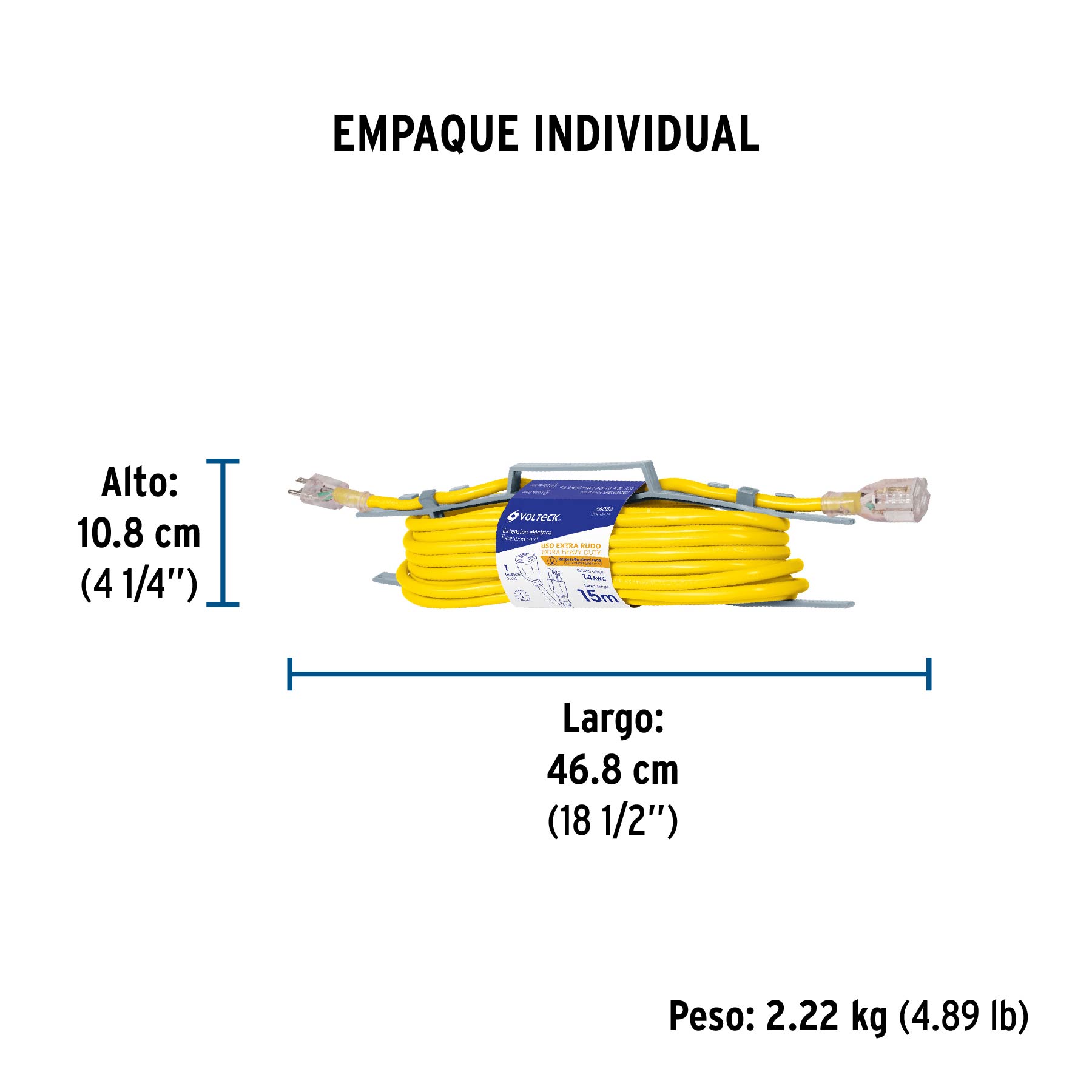 Extensión reforzada aterrizada 15 m 3x14 AWG, VOLTECK - Empaque