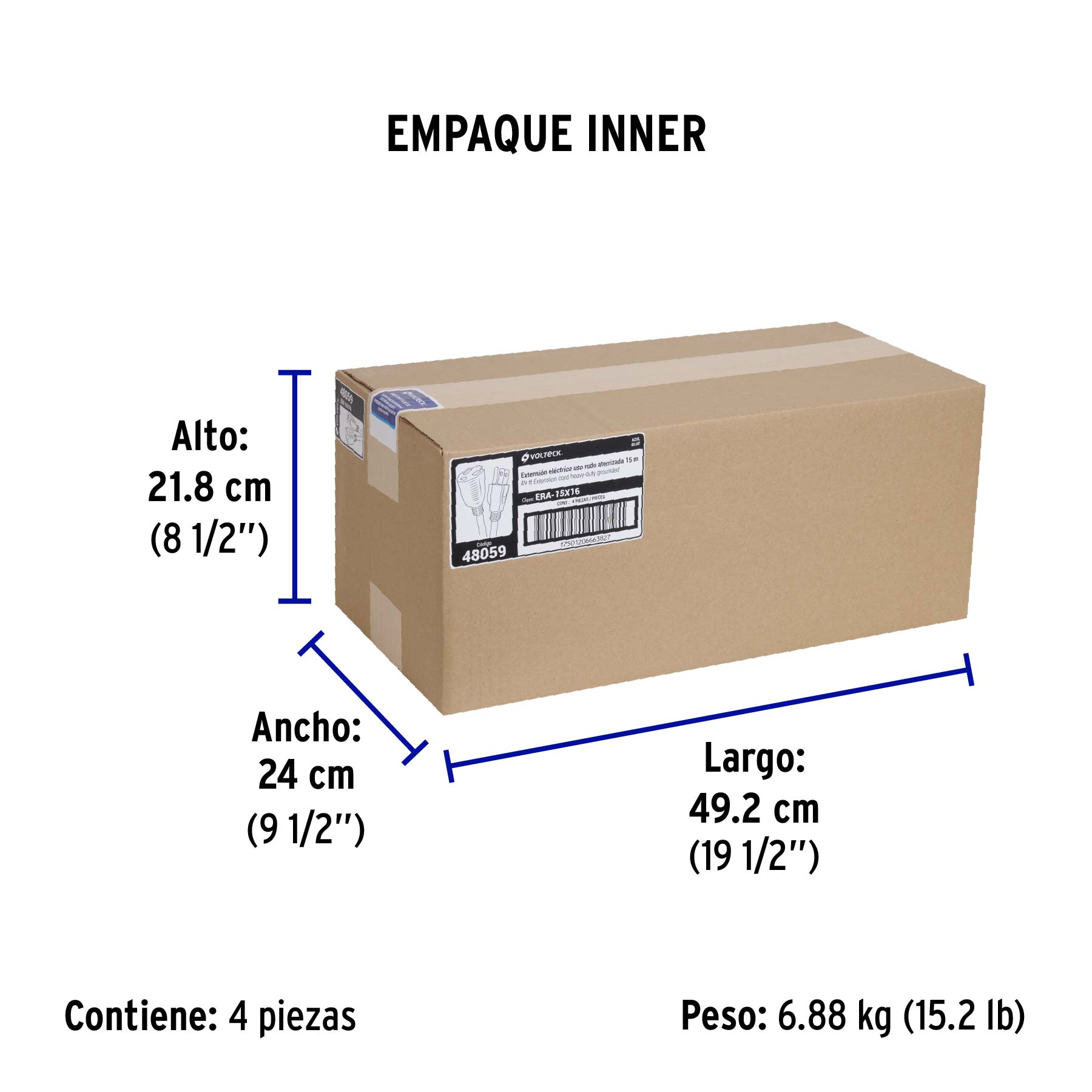 Extensión de uso rudo aterrizada 15 m 3x16 AWG, VOLTECK - Empaque