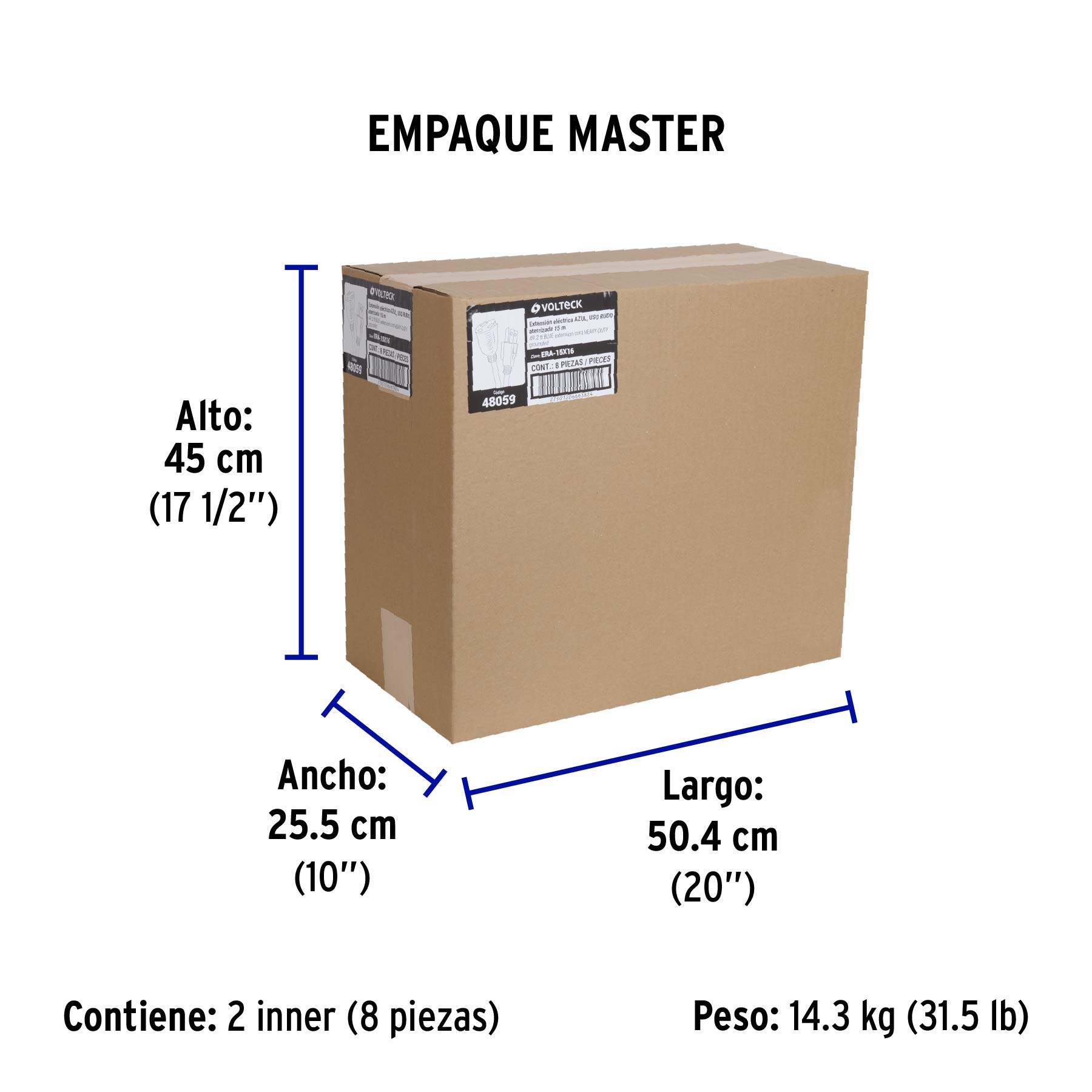 Extensión de uso rudo aterrizada 15 m 3x16 AWG, VOLTECK - Empaque