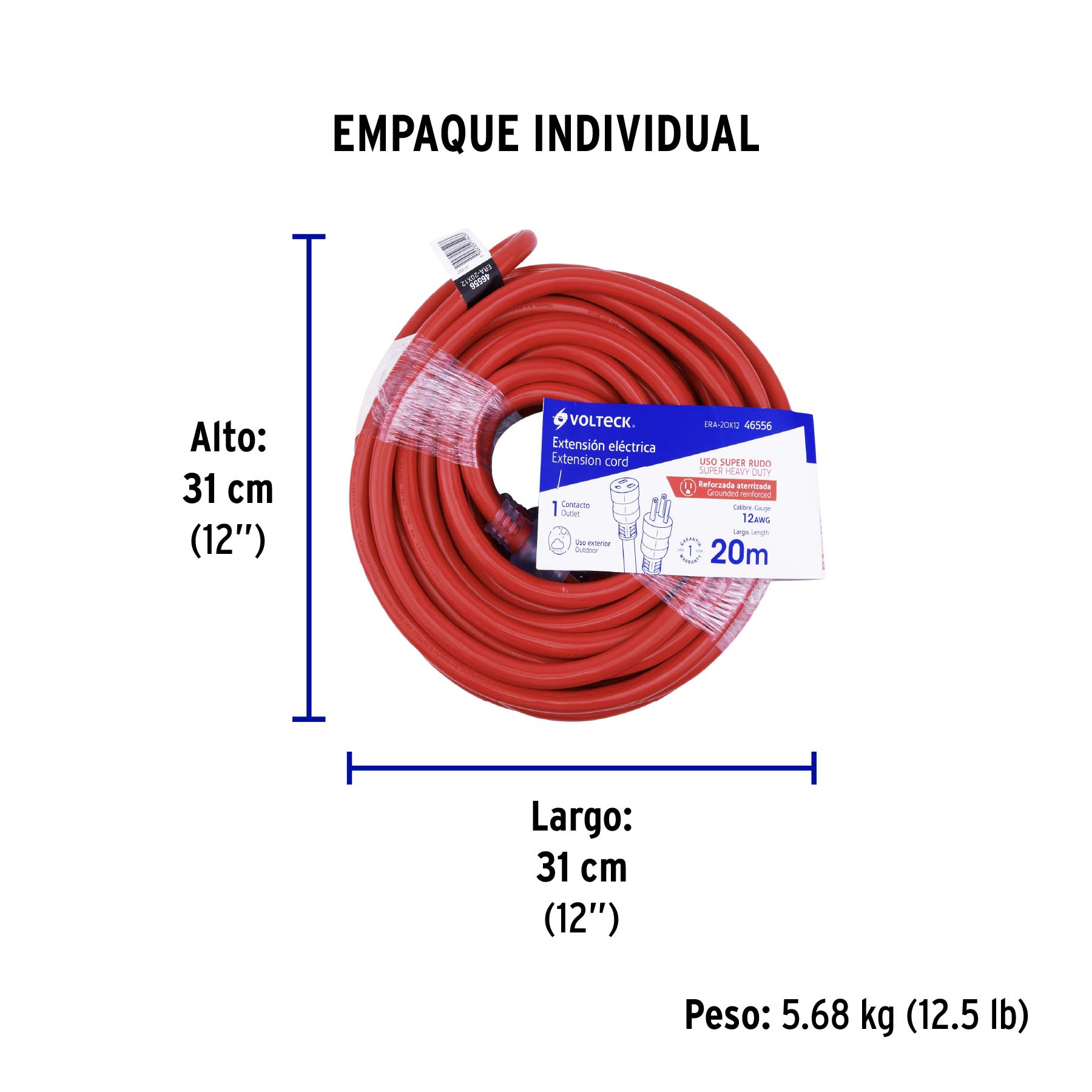 Extensión reforzada aterrizada 20 m 3x12 AWG, VOLTECK - Empaque