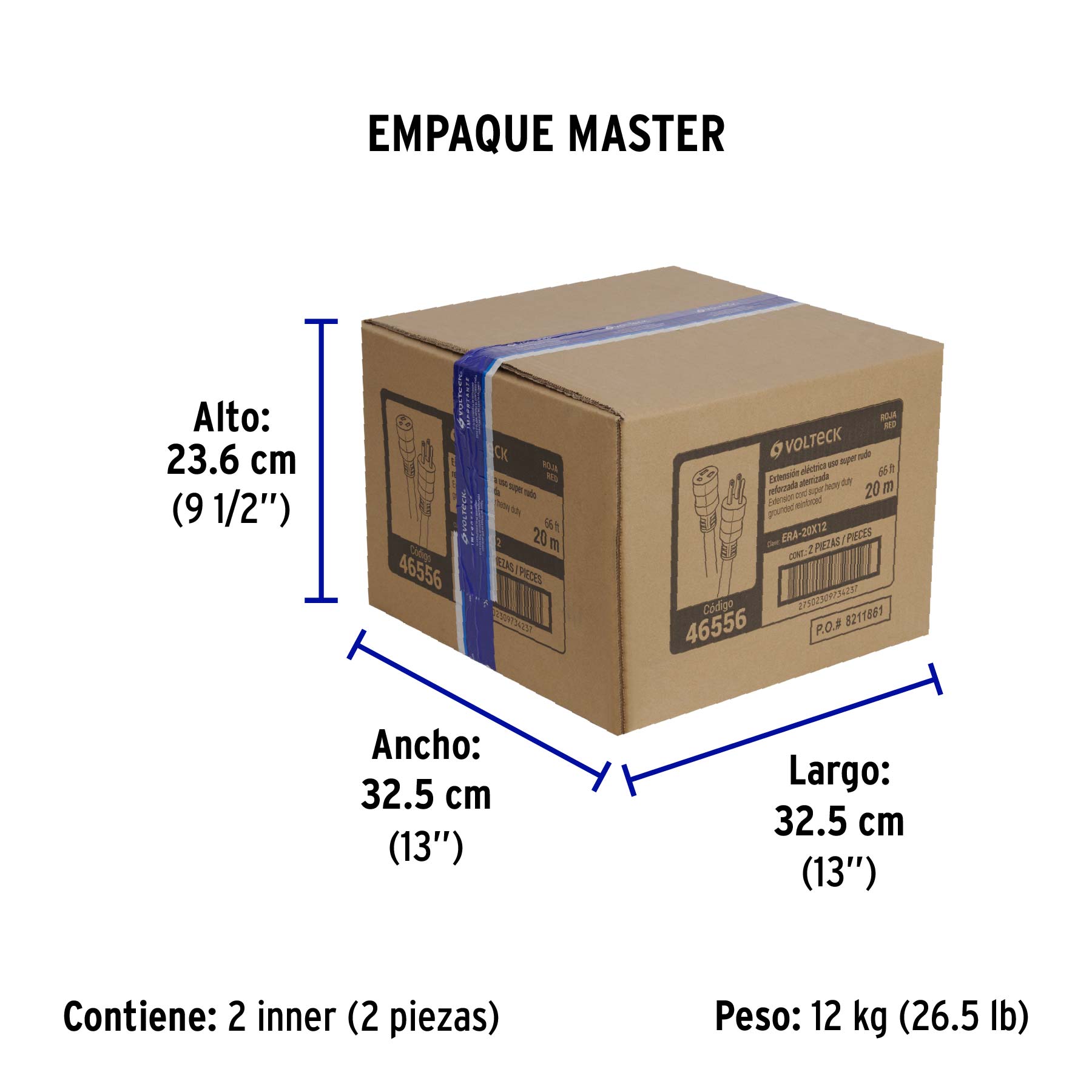Extensión reforzada aterrizada 20 m 3x12 AWG, VOLTECK - Empaque