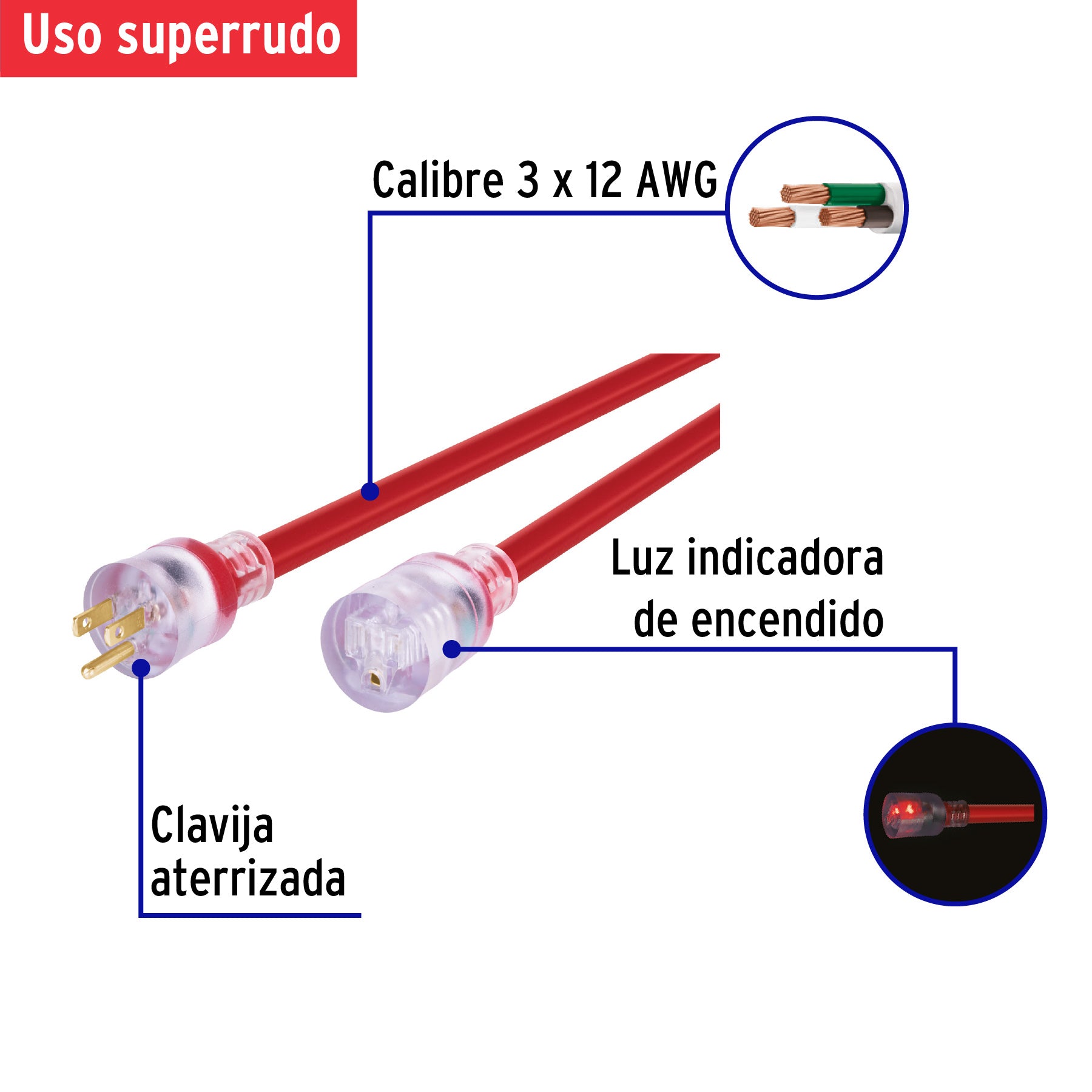 Extensión reforzada aterrizada 20 m 3x12 AWG, VOLTECK