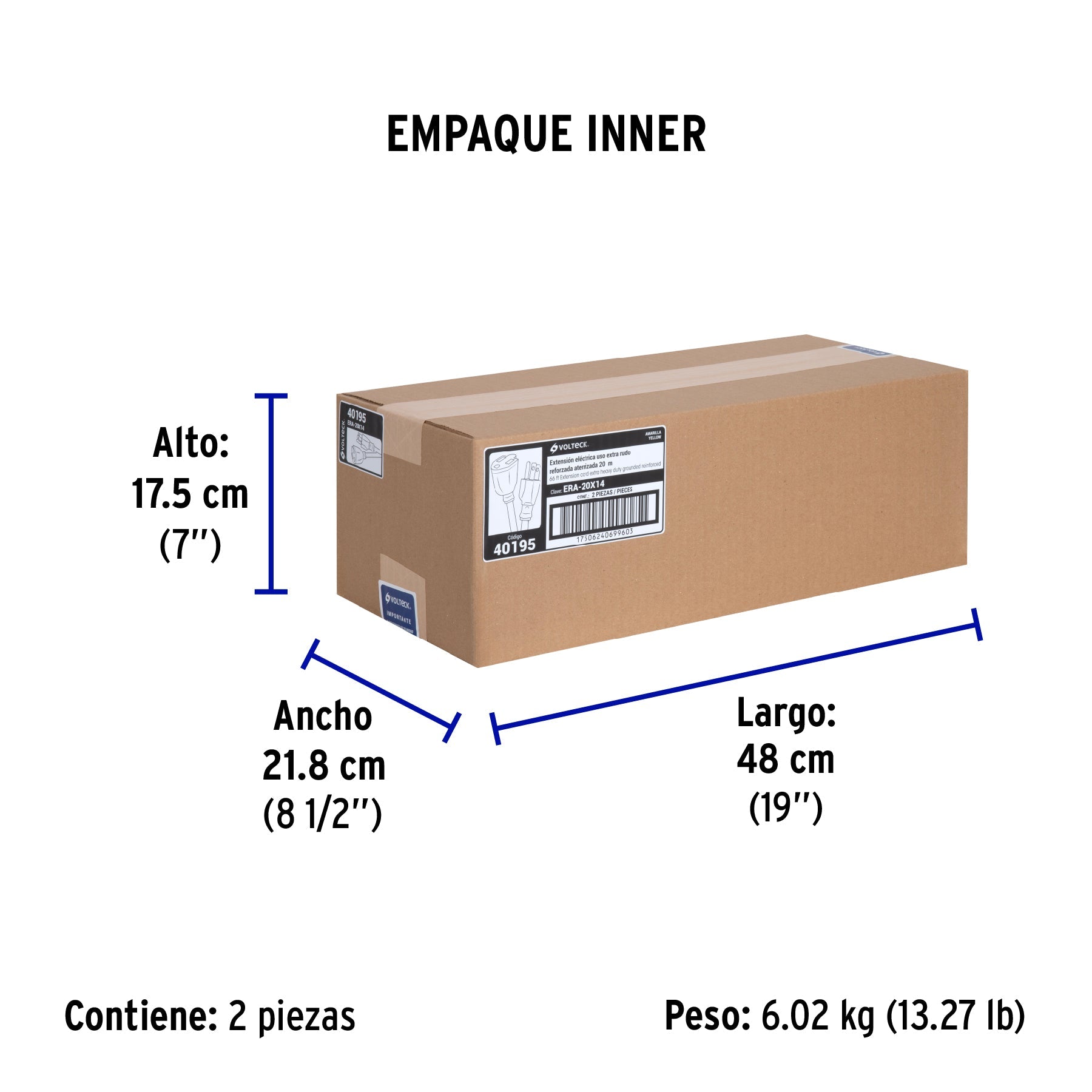 Extensión reforzada aterrizada 20 m calibre 14, VOLTECK - Empaque