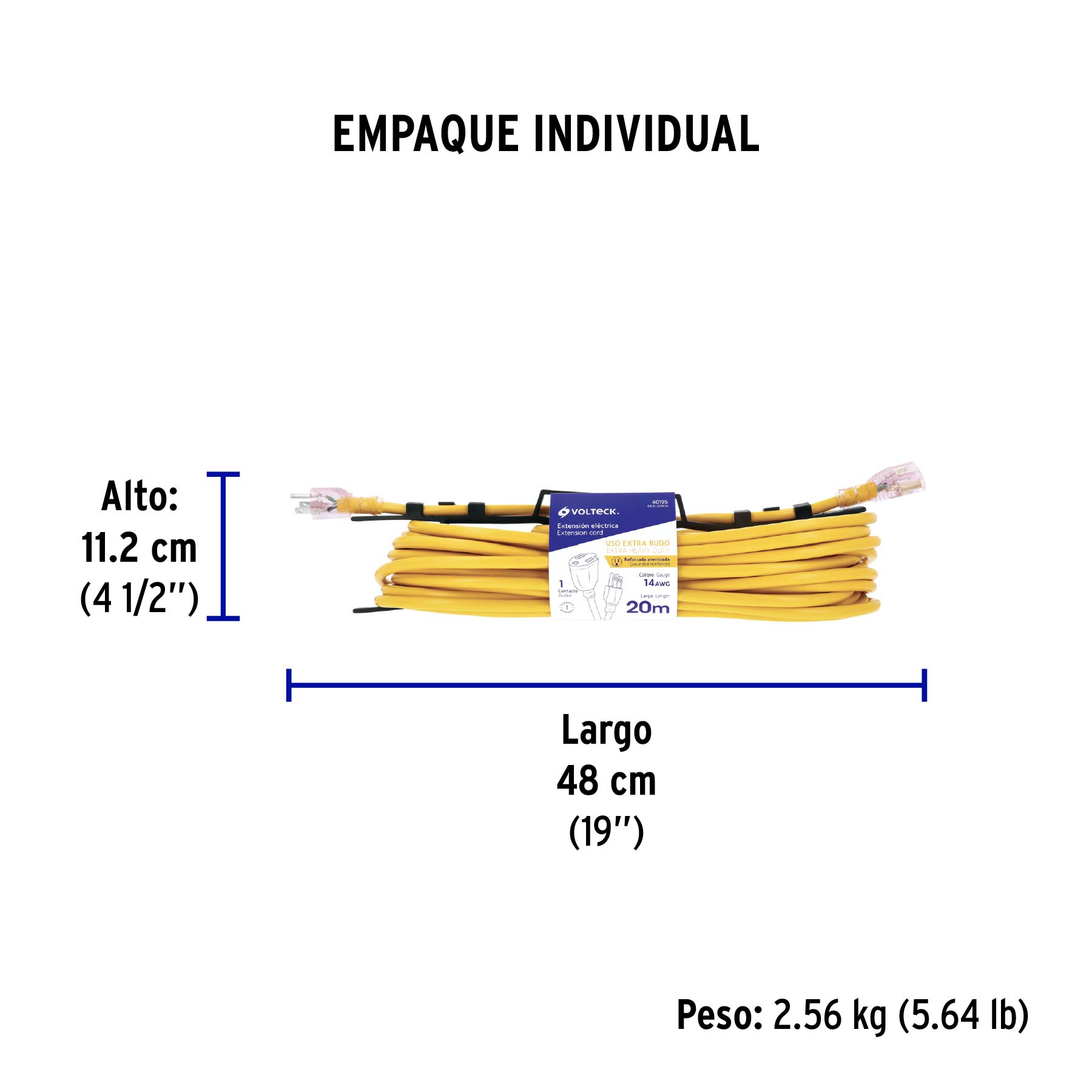 Extensión reforzada aterrizada 20 m calibre 14, VOLTECK - Empaque