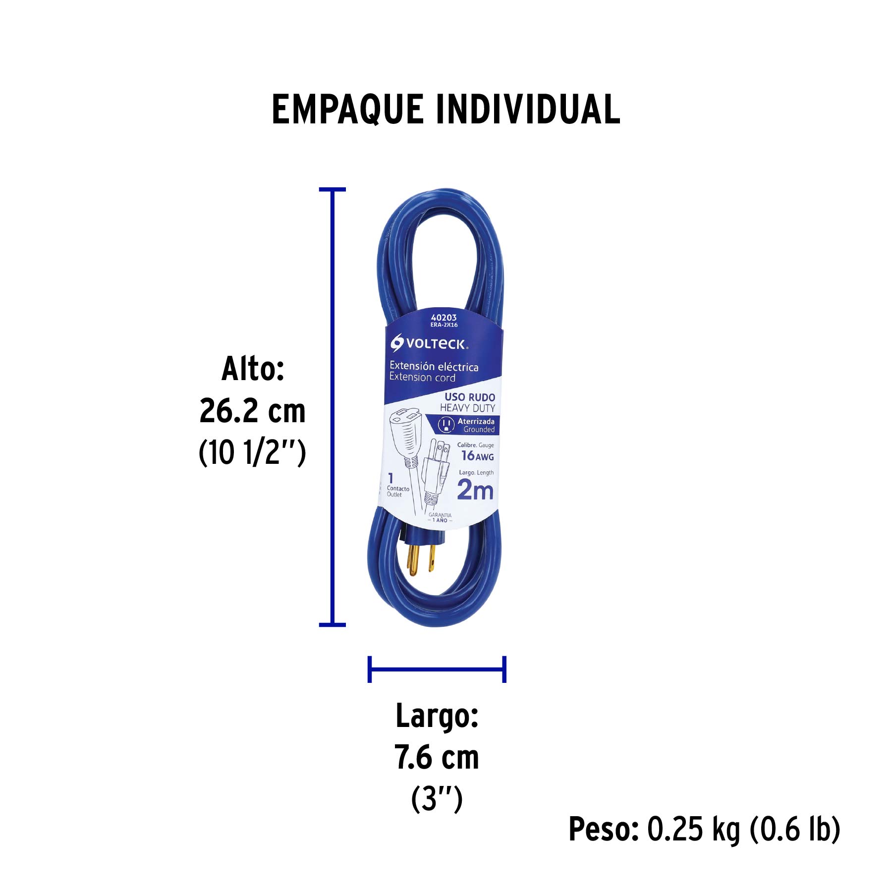 Extensión de uso rudo aterrizada 2 m calibre 16, VOLTECK - Empaque
