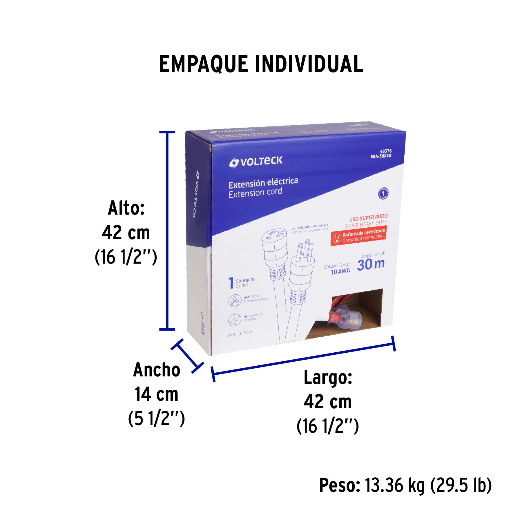 Extensión reforzada aterrizada 100% cobre, 30 m, calibre 10 - Empaque