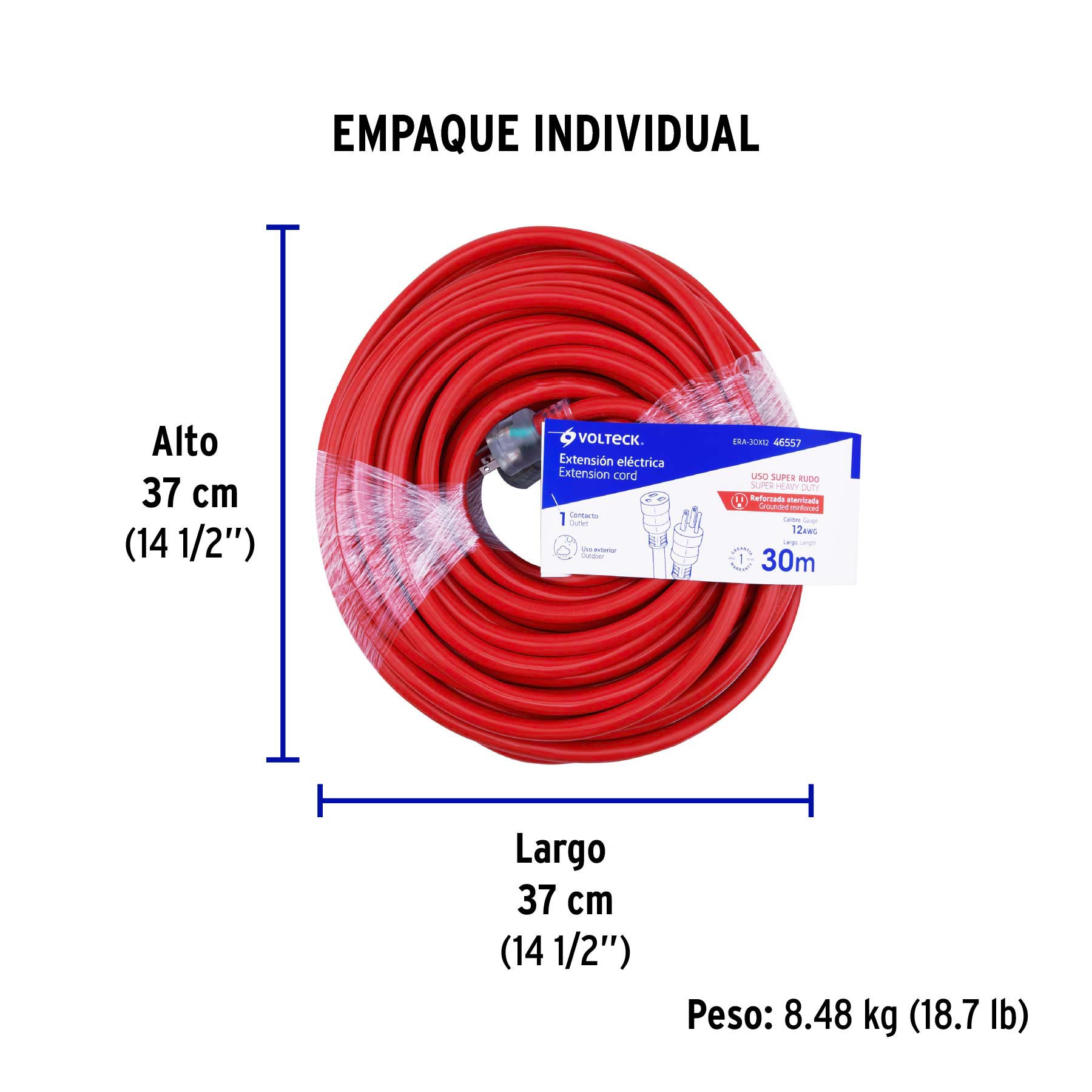 Extensión reforzada aterrizada 30 m 3x12 AWG, VOLTECK - Empaque