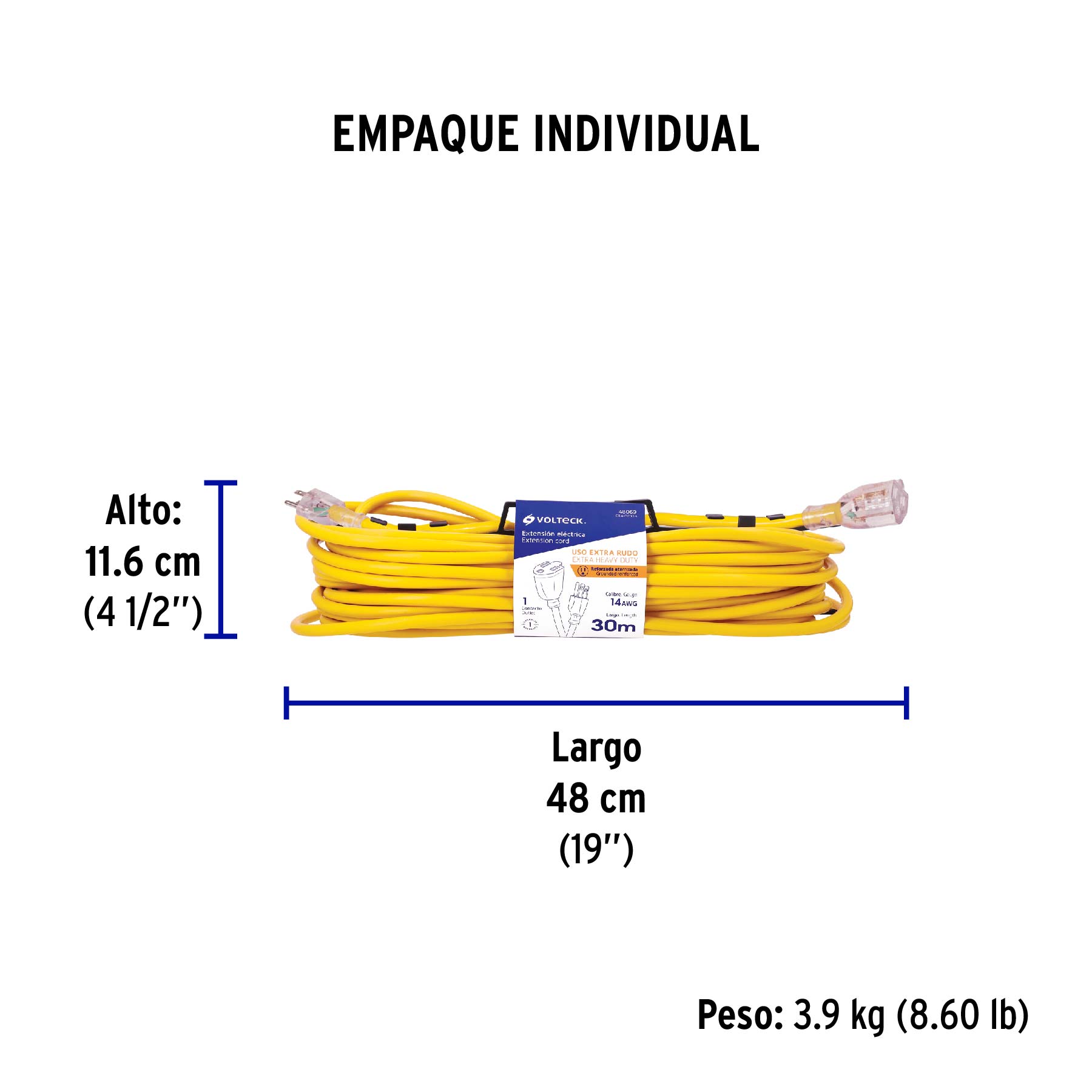 Extensión reforzada aterrizada 30 m 3x14 AWG, VOLTECK - Empaque