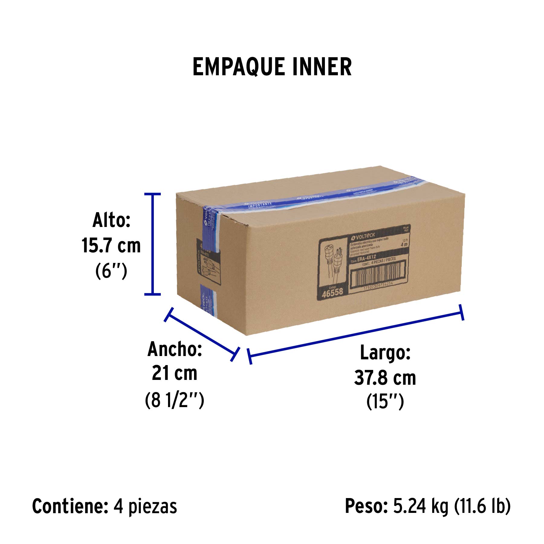 Extensión reforzada aterrizada 4 m calibre 12, VOLTECK - Empaque