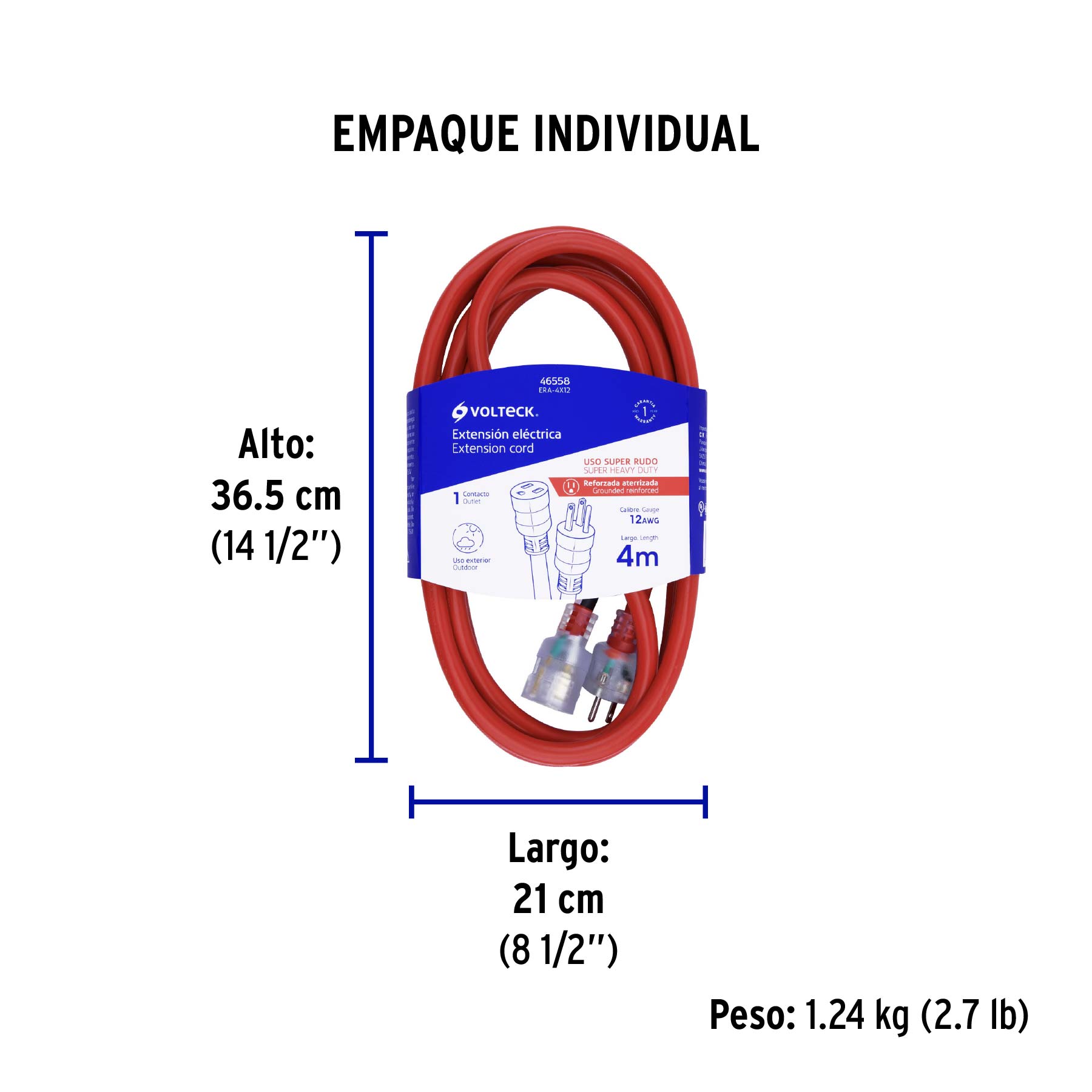 Extensión reforzada aterrizada 4 m calibre 12, VOLTECK - Empaque