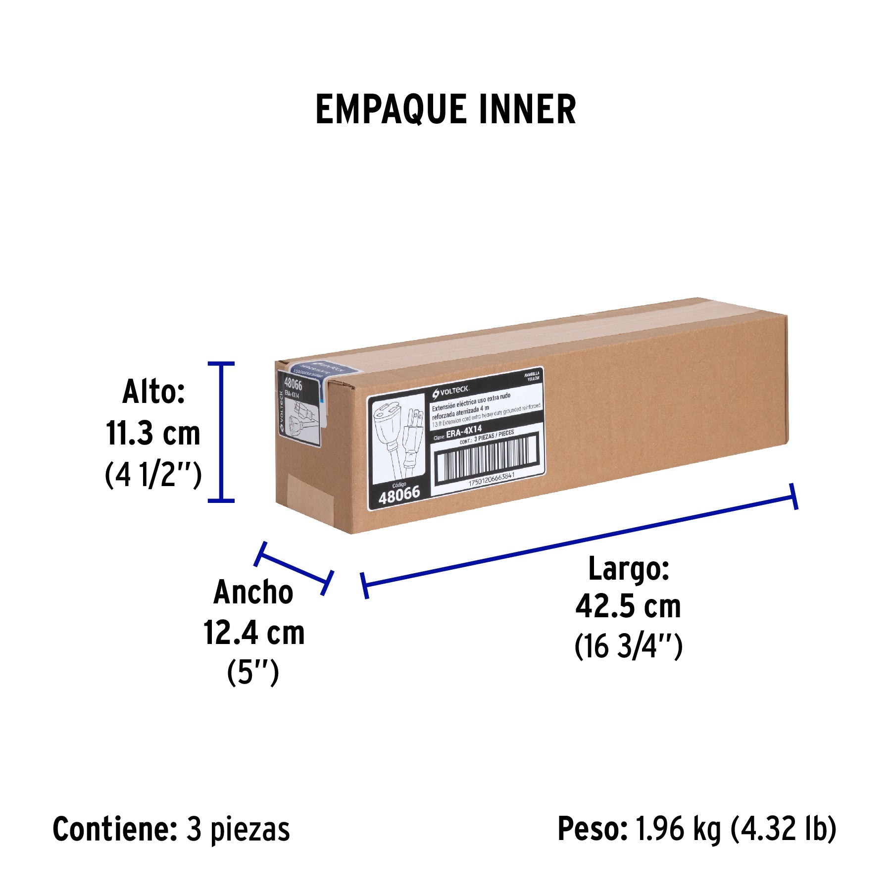 Extensión reforzada aterrizada 4 m 3x14 AWG, VOLTECK - Empaque