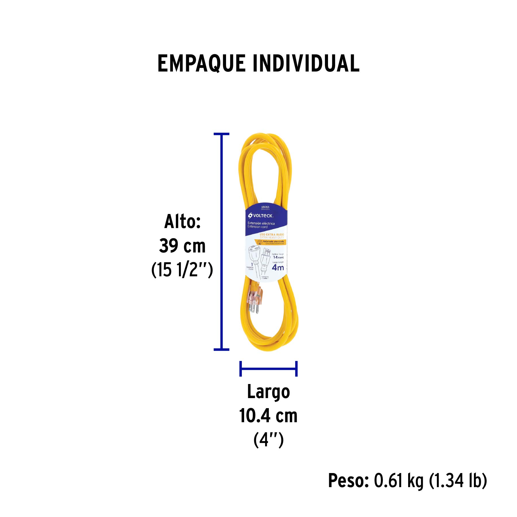 Extensión reforzada aterrizada 4 m 3x14 AWG, VOLTECK - Empaque