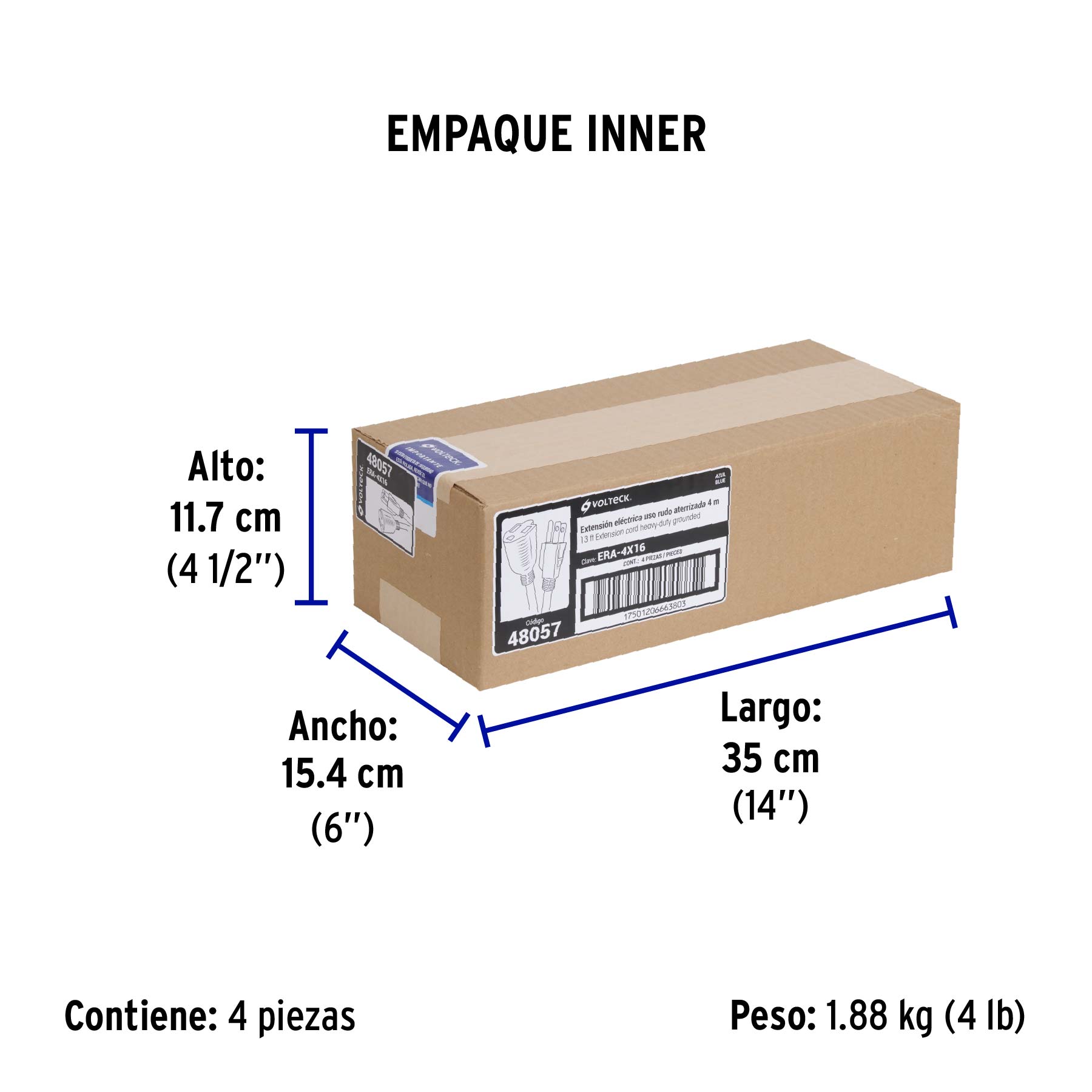 Extensión de uso rudo aterrizada 4 m 3x16 AWG, VOLTECK - Empaque