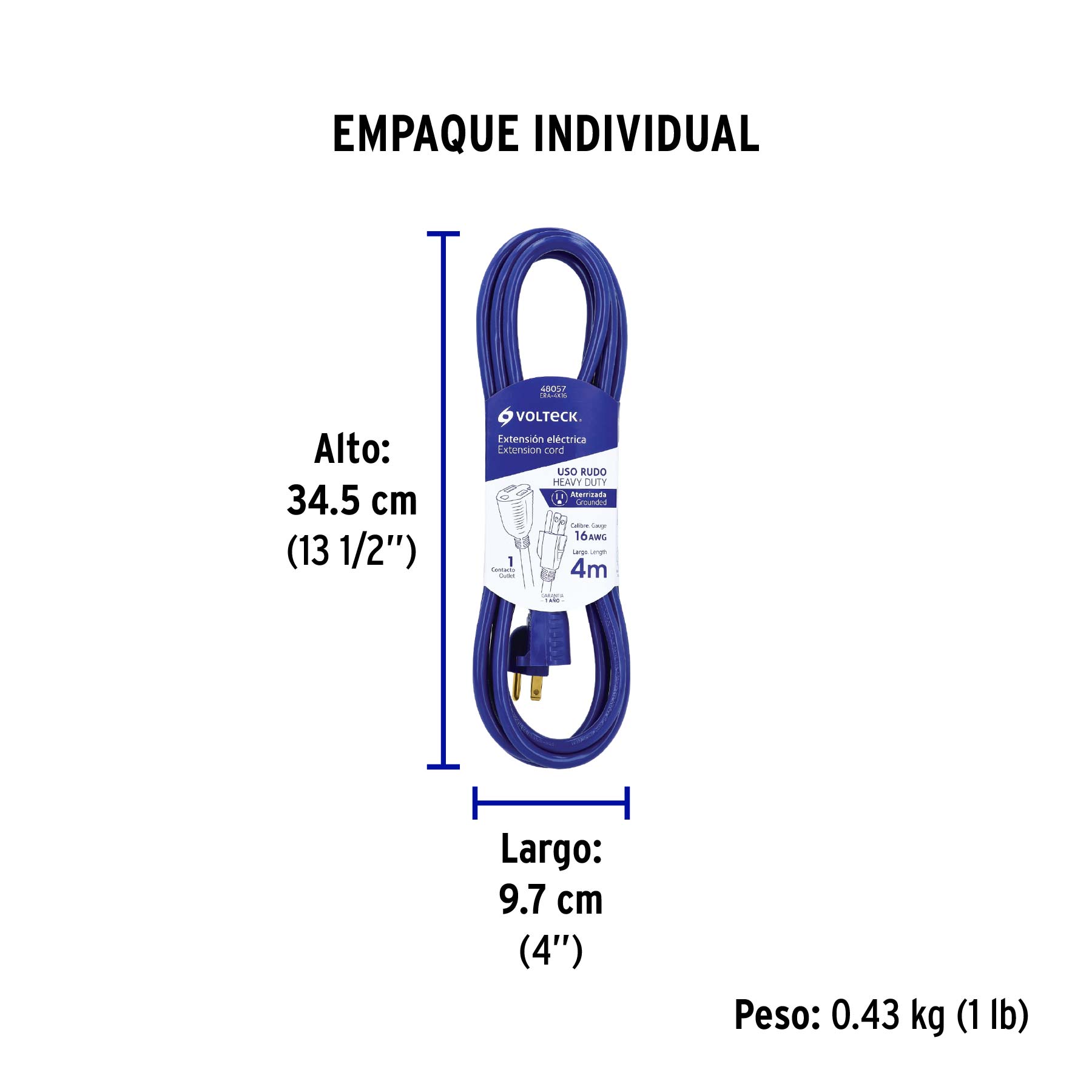 Extensión de uso rudo aterrizada 4 m 3x16 AWG, VOLTECK - Empaque