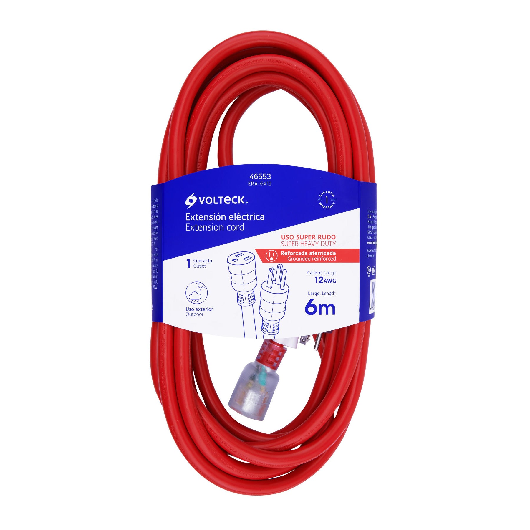 Extensión reforzada aterrizada 6 m 3x12 AWG, VOLTECK