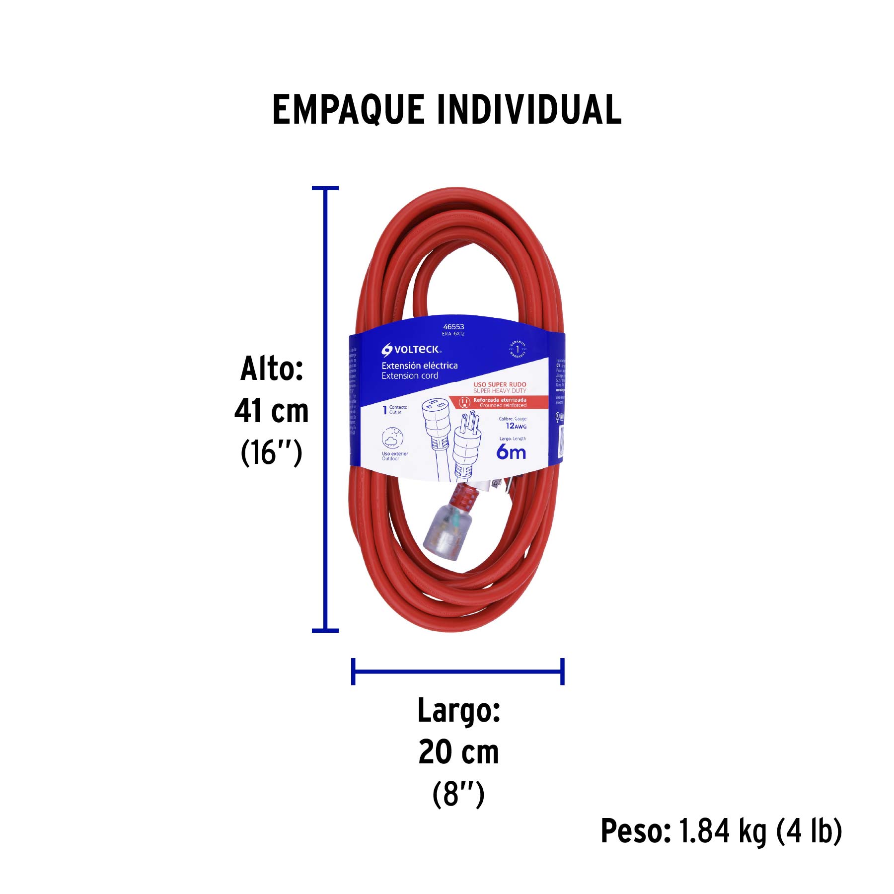 Extensión reforzada aterrizada 6 m 3x12 AWG, VOLTECK - Empaque