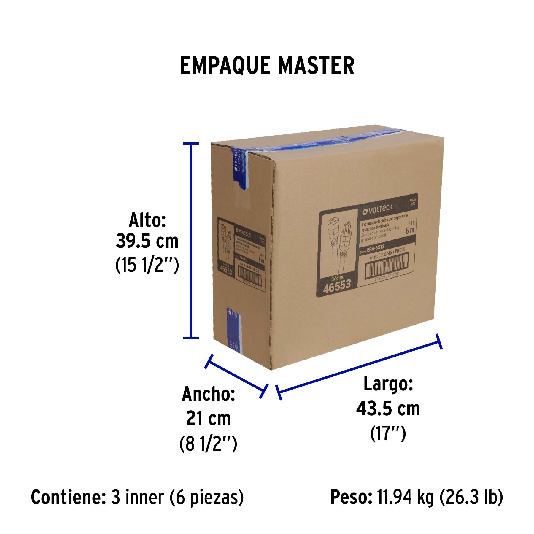 Extensión reforzada aterrizada 6 m 3x12 AWG, VOLTECK - Empaque