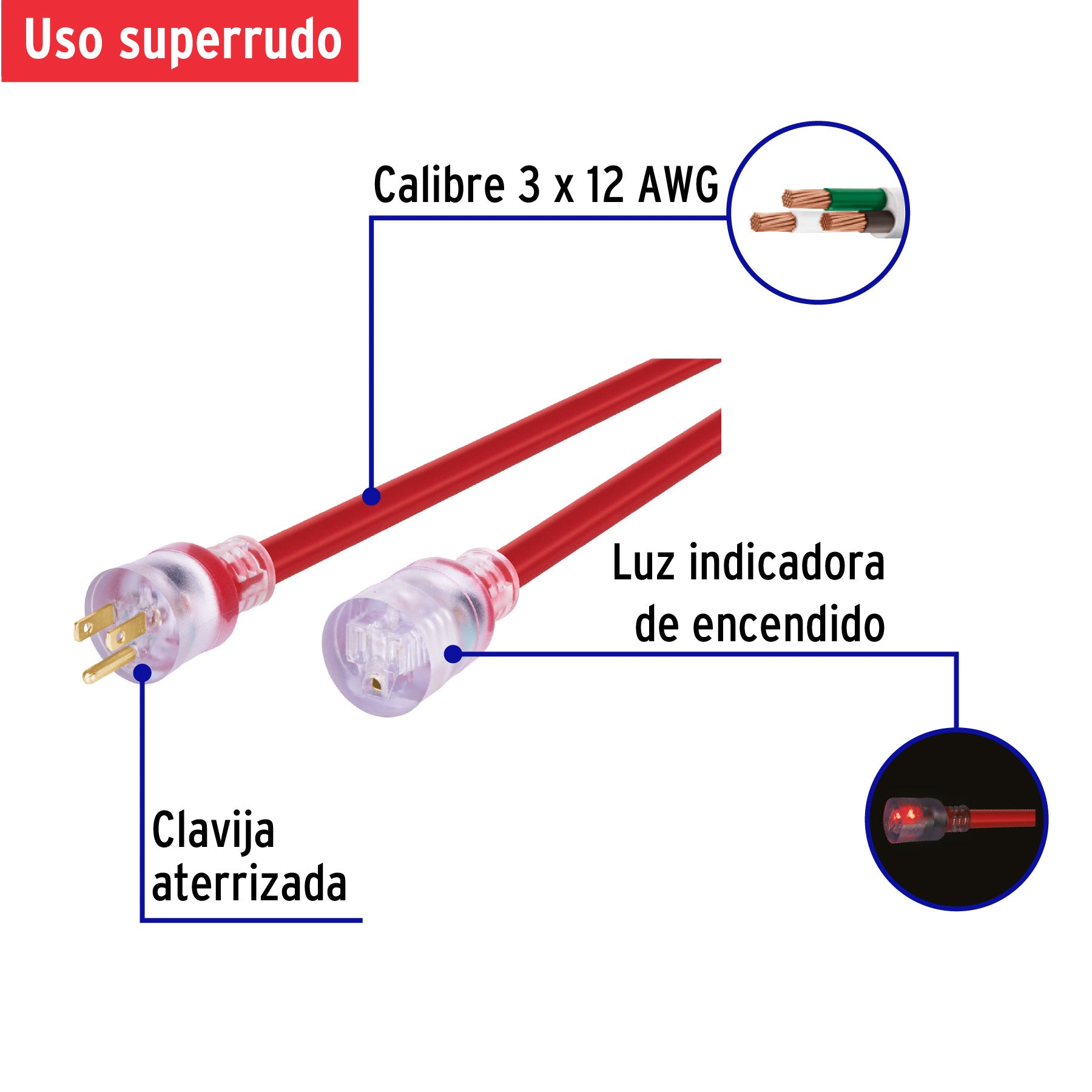 Extensión reforzada aterrizada 6 m 3x12 AWG, VOLTECK