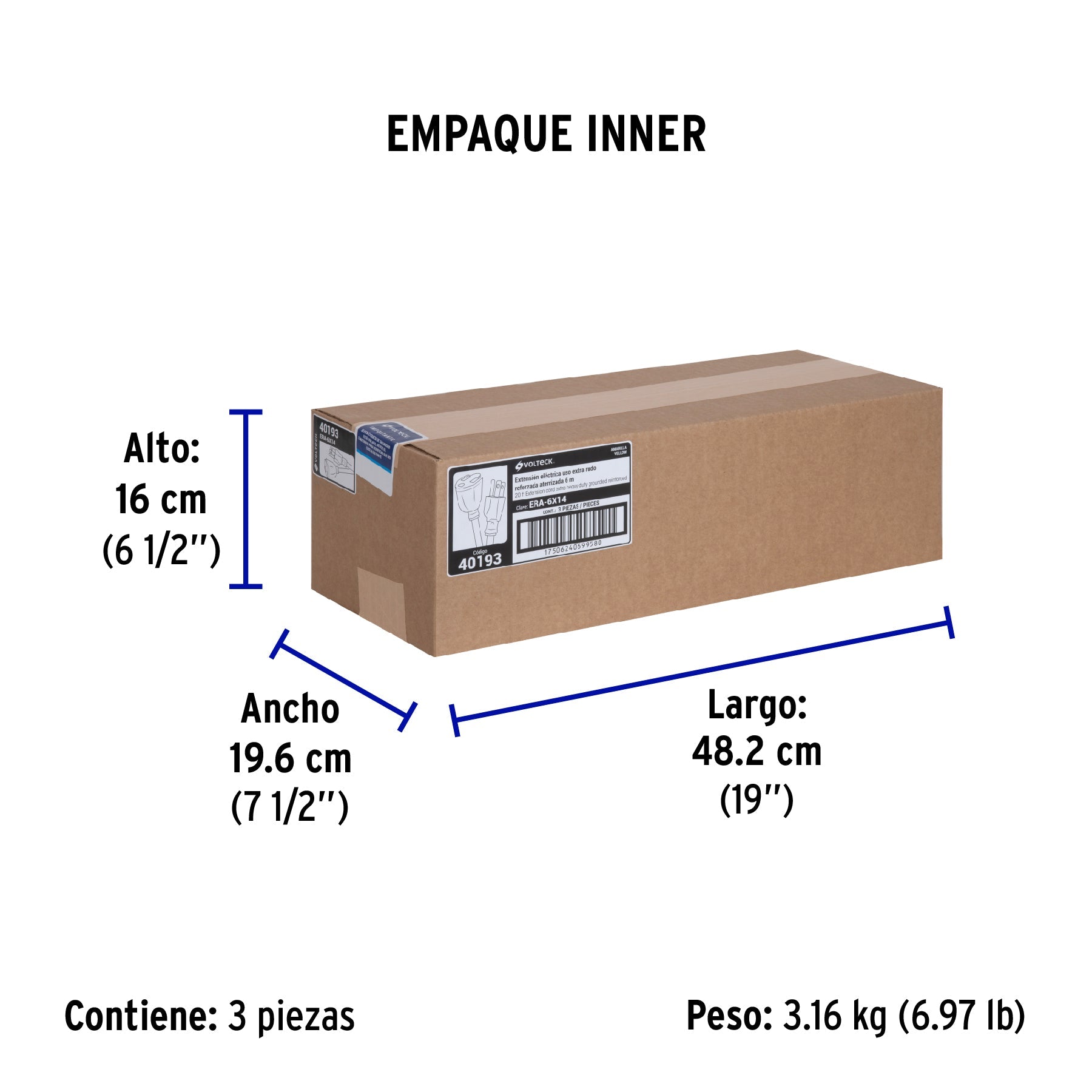 Extensión reforzada aterrizada 6 m calibre 14, VOLTECK - Empaque