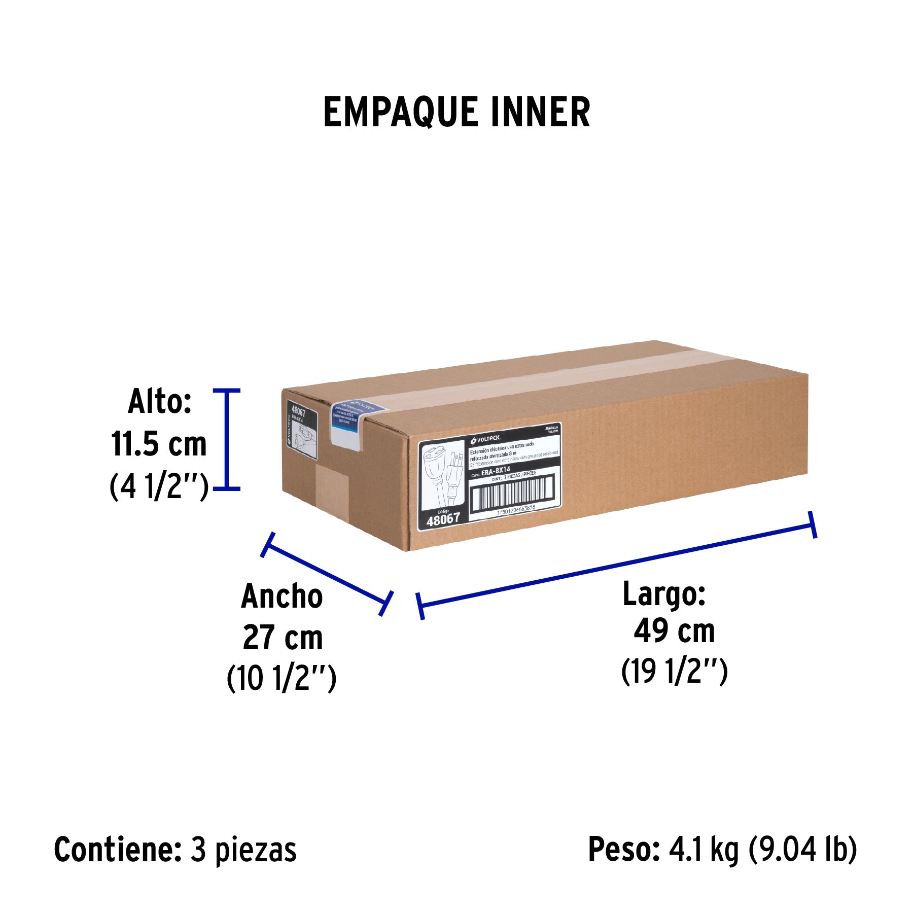 Extensión reforzada aterrizada 8 m 3x14 AWG, VOLTECK - Empaque