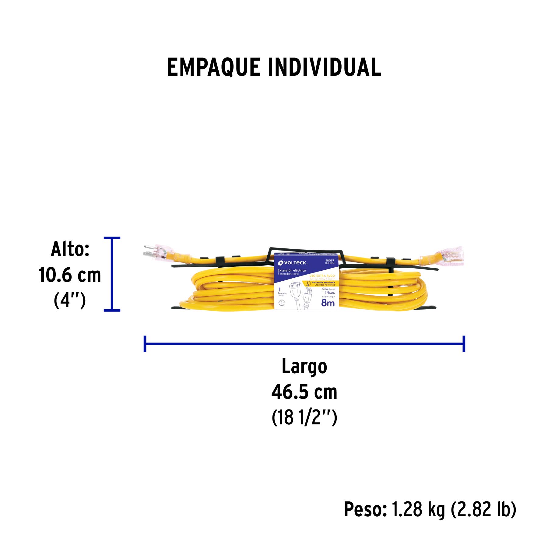 Extensión reforzada aterrizada 8 m 3x14 AWG, VOLTECK - Empaque