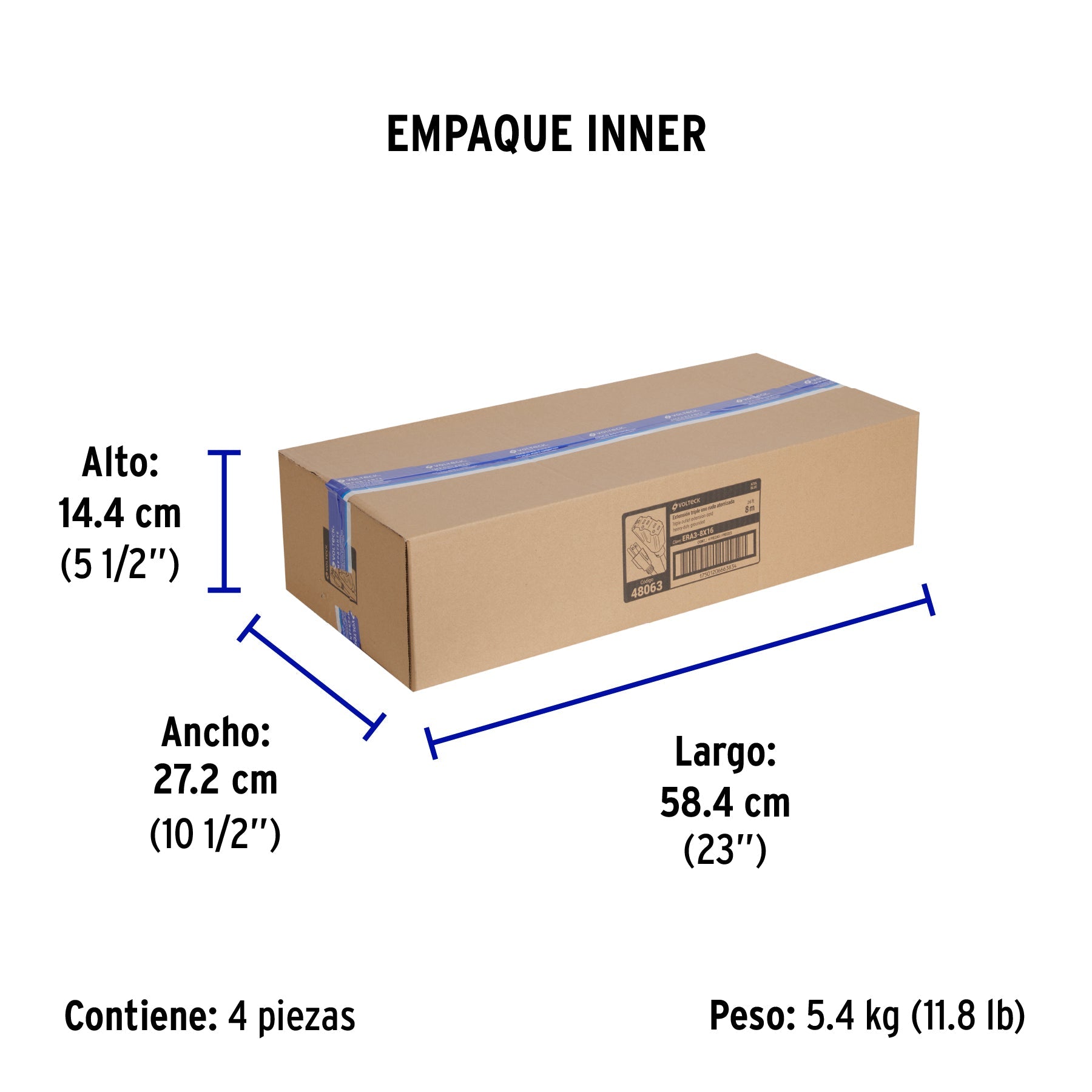 Extensión triple uso rudo 8 m tipo abanico 3x16 AWG, VOLTECK - Empaque