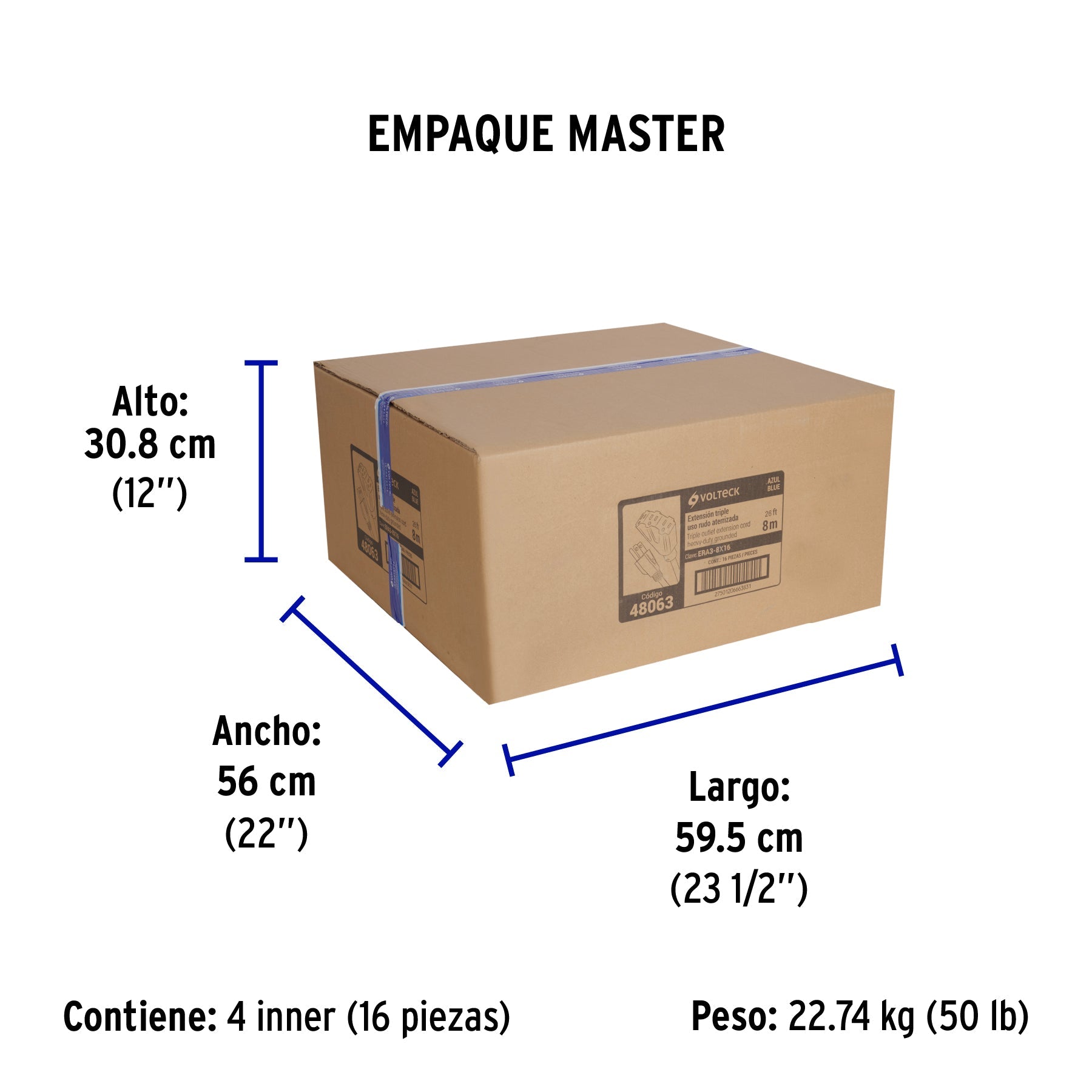Extensión triple uso rudo 8 m tipo abanico 3x16 AWG, VOLTECK - Empaque