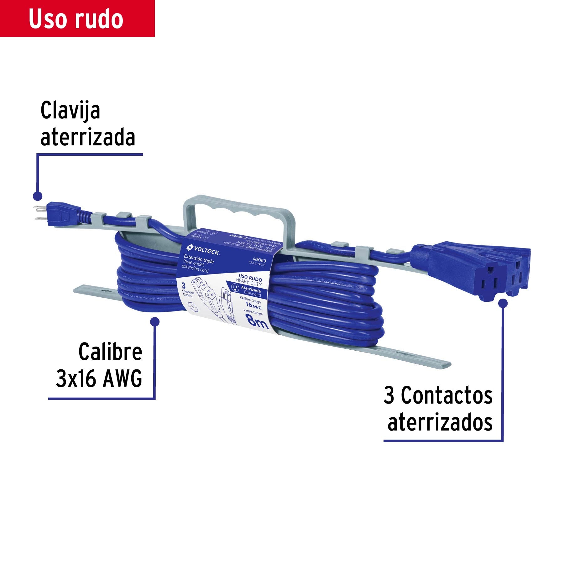 Extensión triple uso rudo 8 m tipo abanico 3x16 AWG, VOLTECK