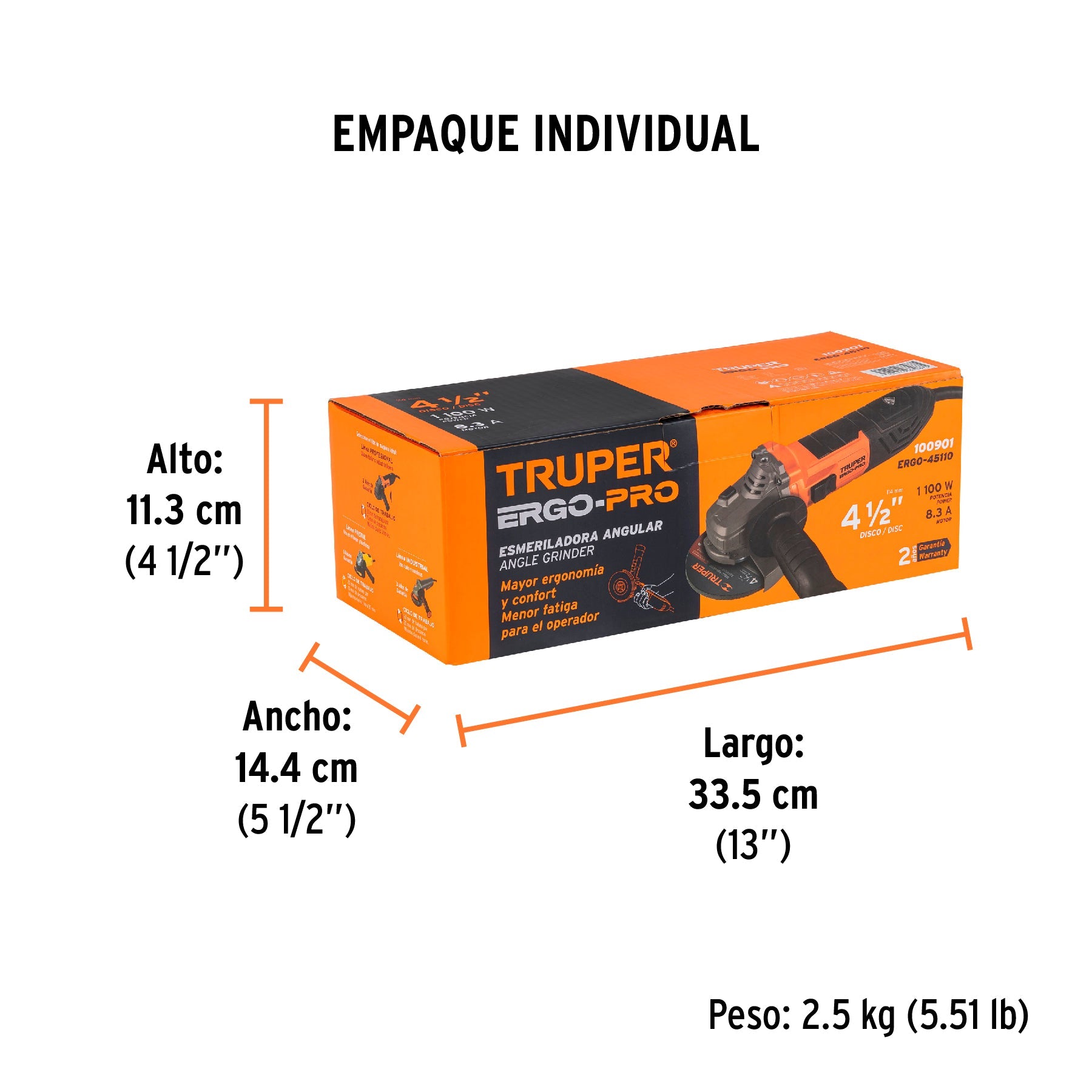 Esmeriladora angular 4-1/2", 1100W, TRUPER ERGO PRO - Empaque
