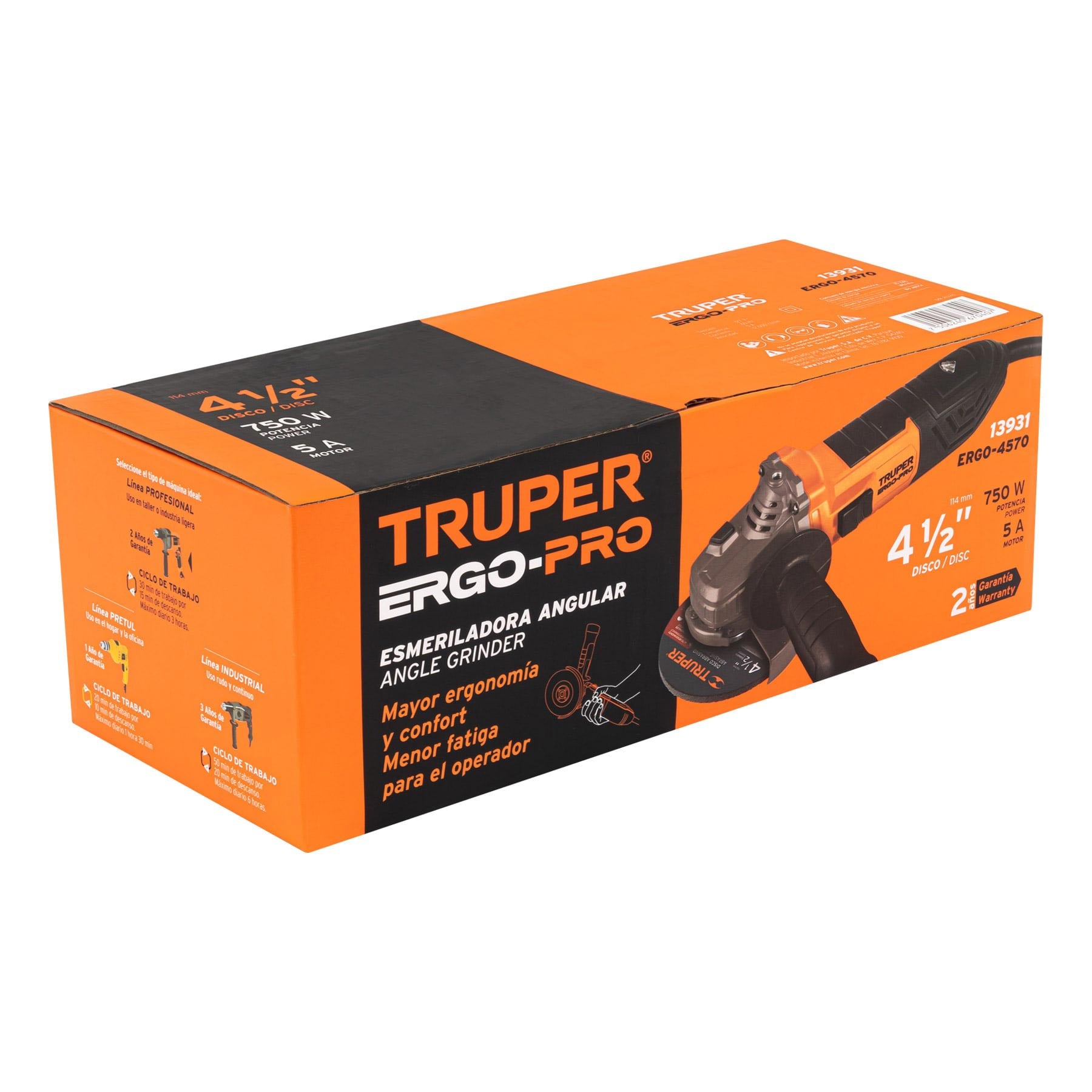 Esmeriladora angular 4-1/2", 750W, TRUPER ERGO PRO