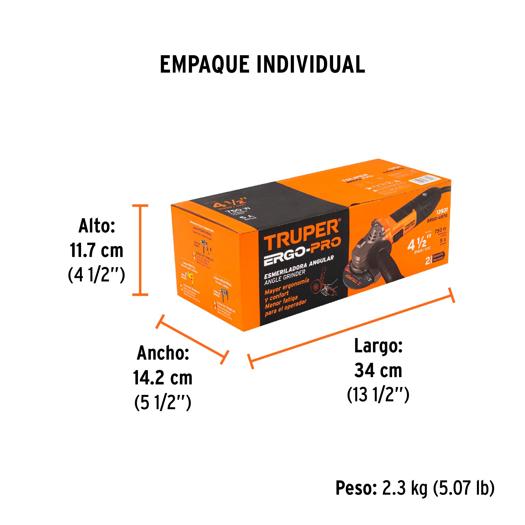 Esmeriladora angular 4-1/2", 750W, TRUPER ERGO PRO - Empaque