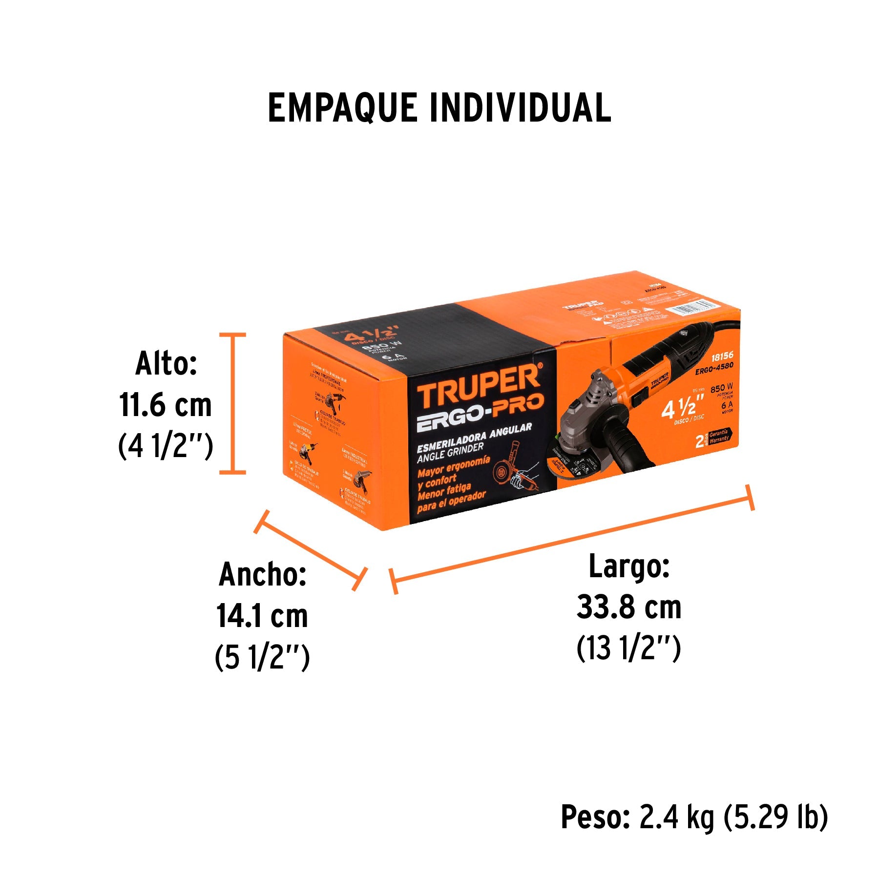 Esmeriladora angular 4-1/2", 850W, TRUPER ERGO PRO - Empaque