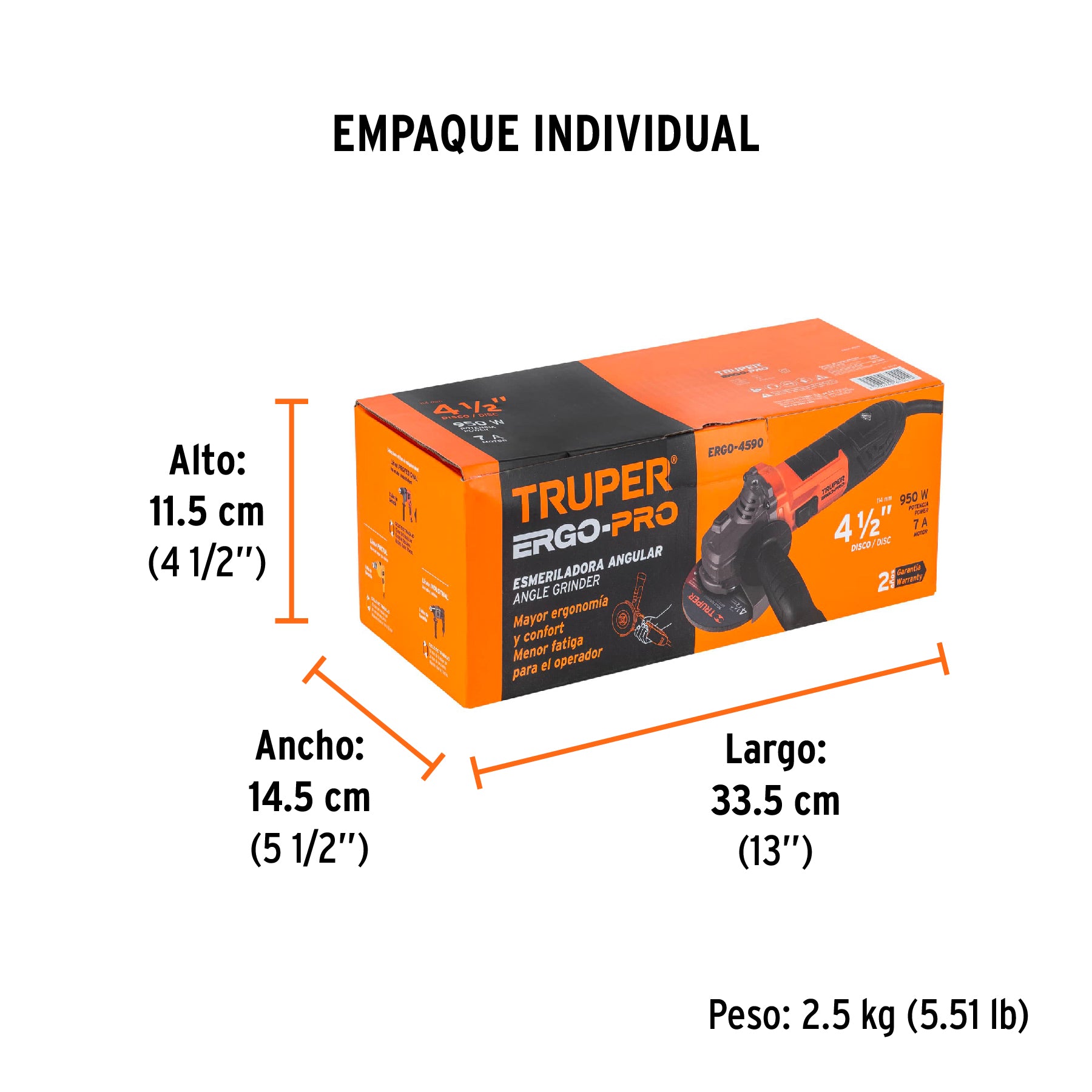 Esmeriladora angular 4-1/2", 950W, TRUPER ERGO PRO - Empaque