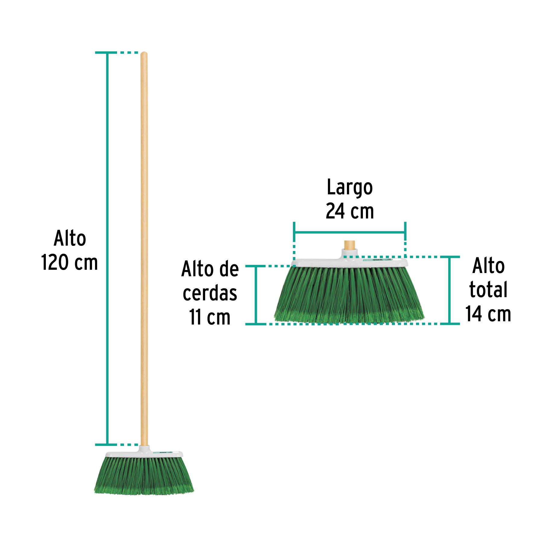 Escoba chica tipo cepillo, cerdas de PVC, bastón de madera