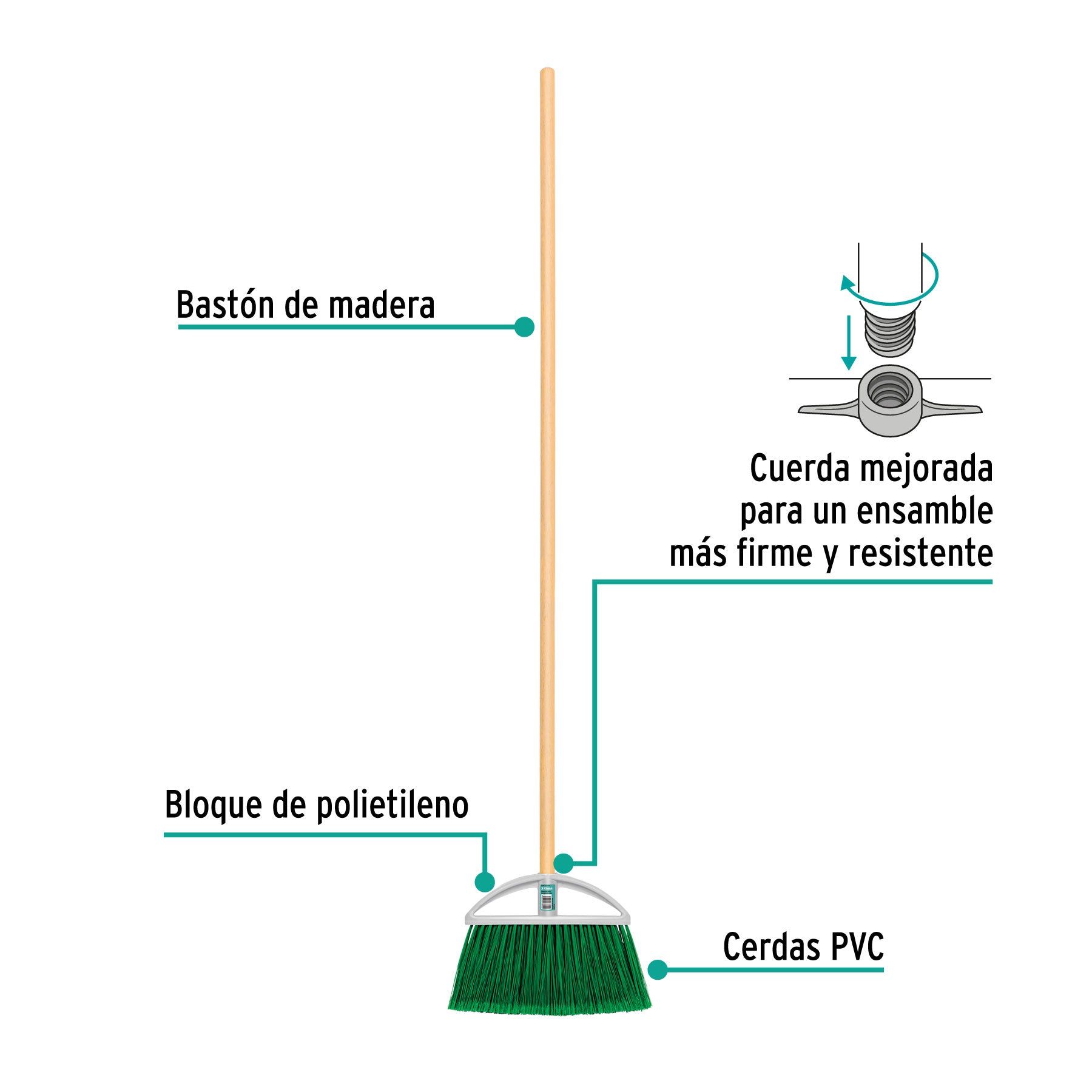 Escoba chica tipo abanico, cerdas de PVC, bastón de madera