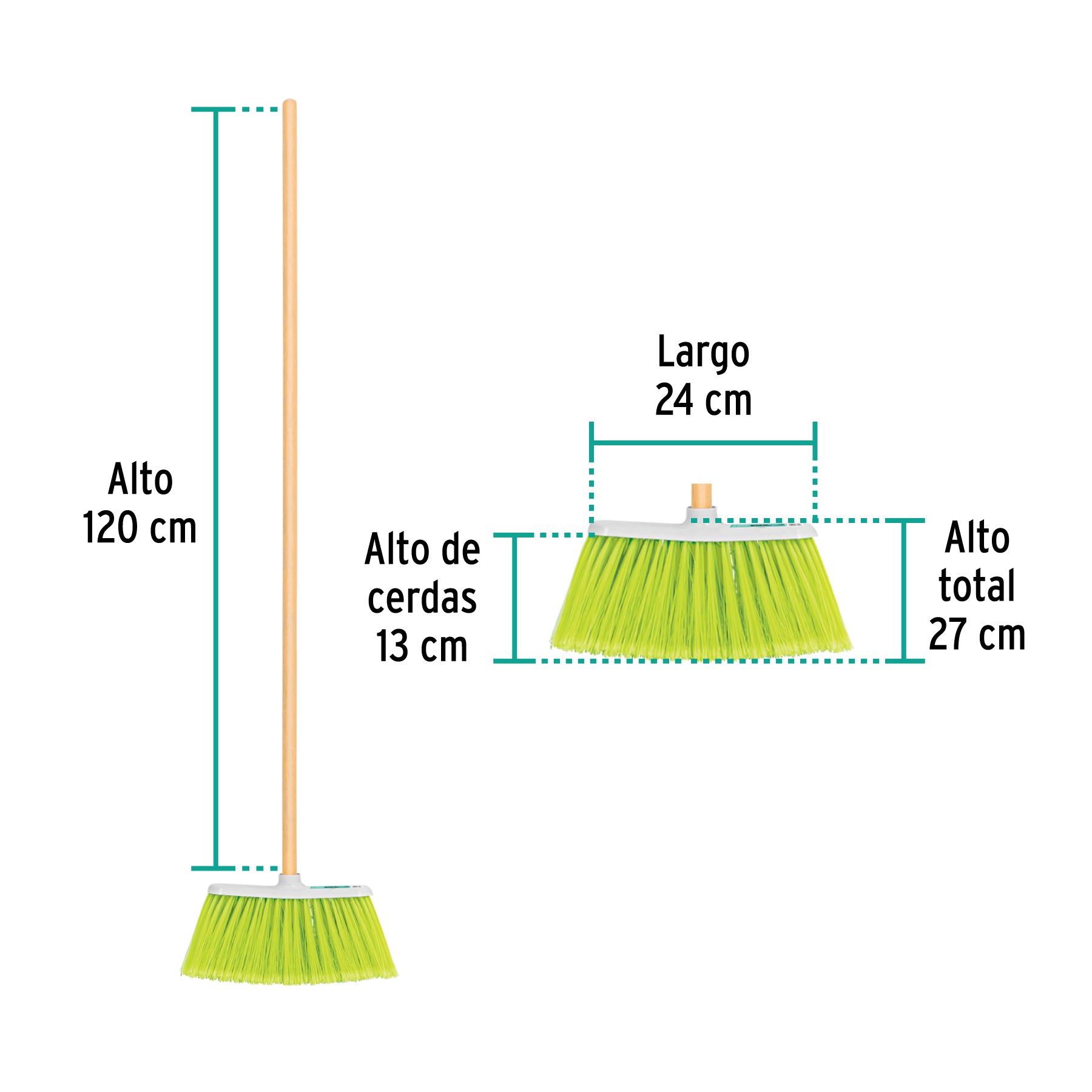 Escoba mediana tipo cepillo, cerdas de PVC, bastón de madera