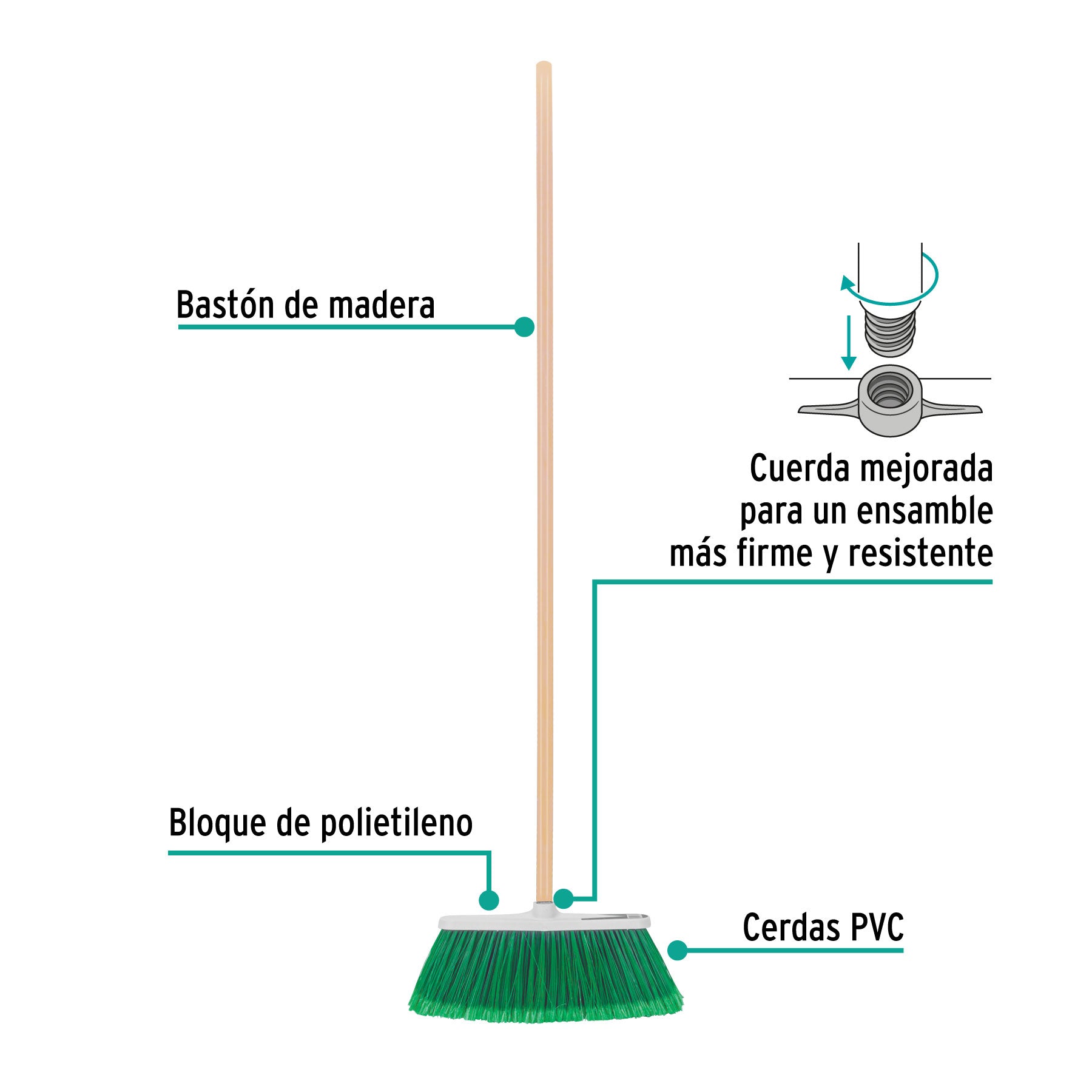 Escoba grande tipo cepillo, cerdas de PVC, bastón de madera